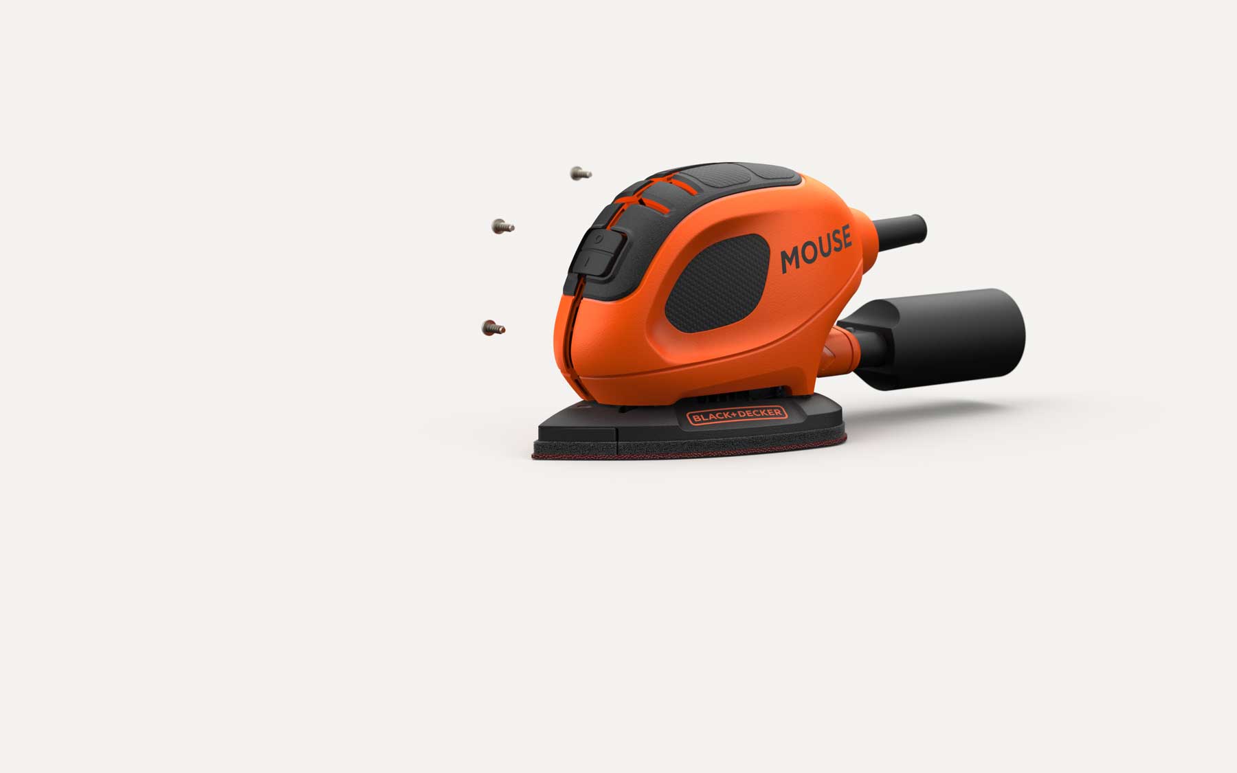 Orange and black handheld sander labeled MOUSE with three screws floating nearby on white background.