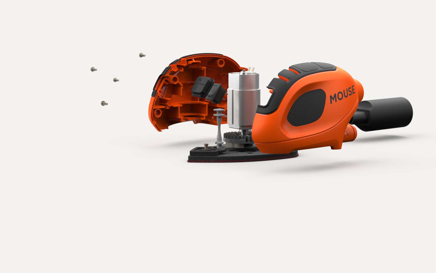Disassembled orange power tool named MOUSE showing motor and internal components with screws floating nearby.