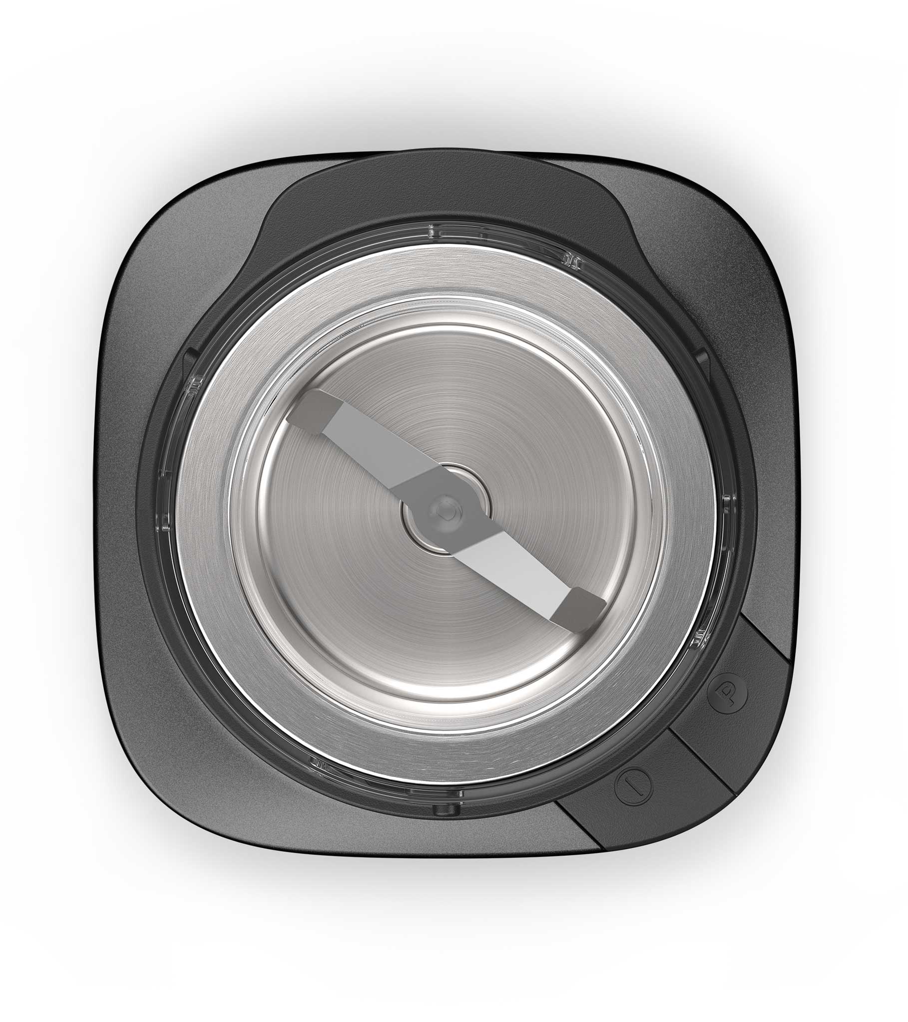 Top view of a modern electric grinder with a stainless steel blade and black plastic base featuring two control buttons.