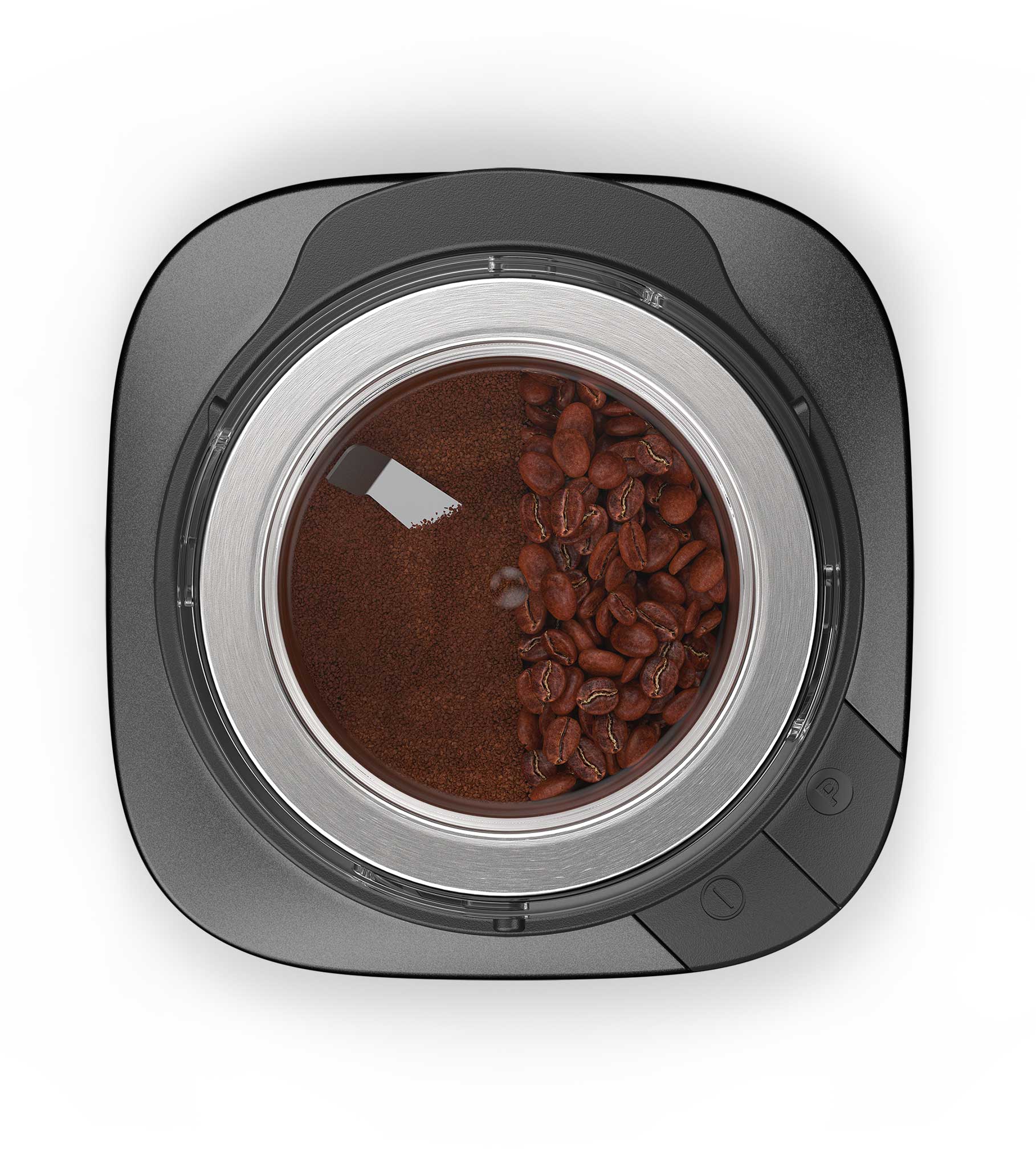 Top-down view of a coffee grinder half filled with whole coffee beans and half with ground coffee inside.