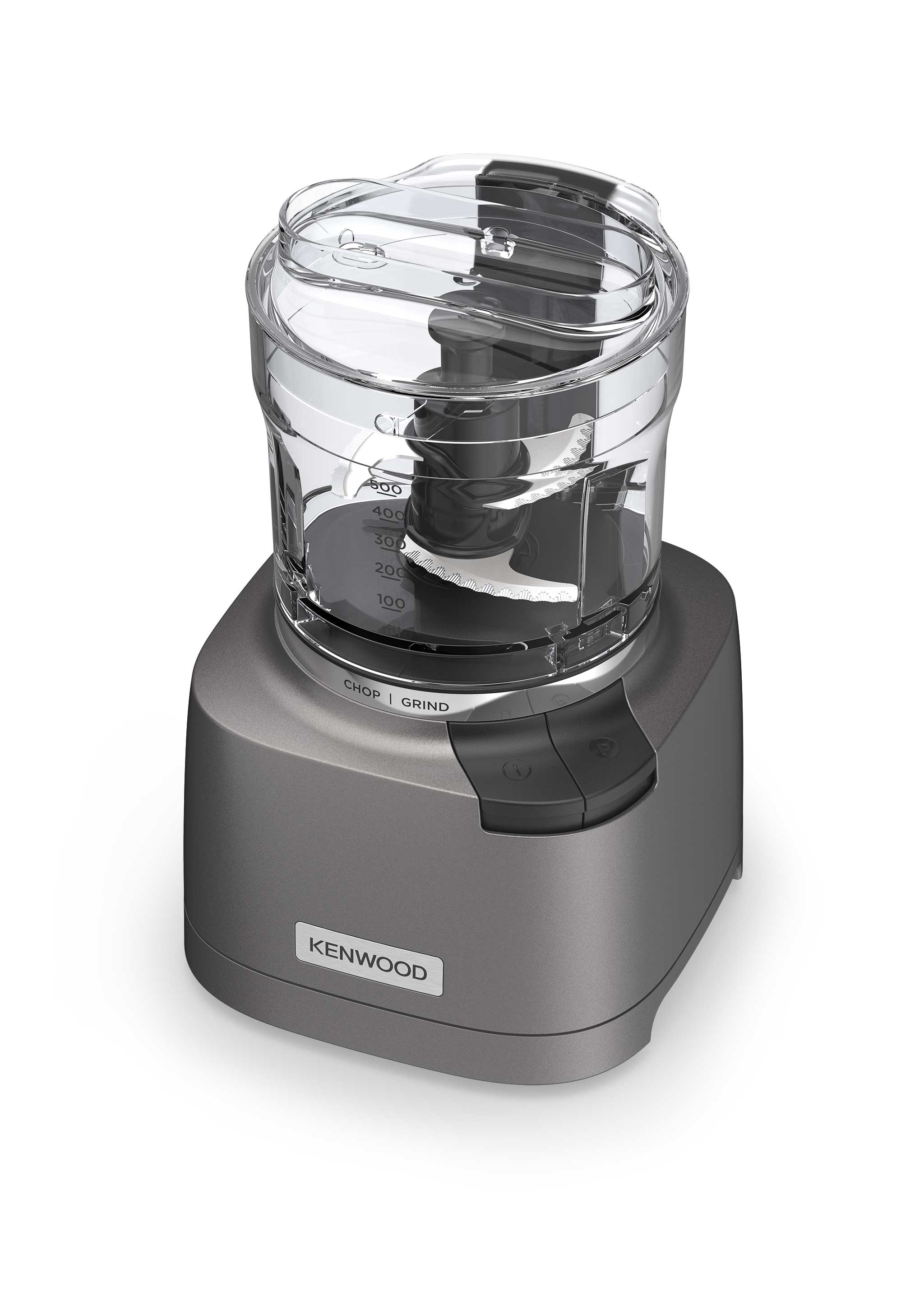 Kenwood Duo Prep 2-in-1 compact electric chopper and grinder with transparent container, dual curved blades, and control buttons on a grey base. isometric camera angle