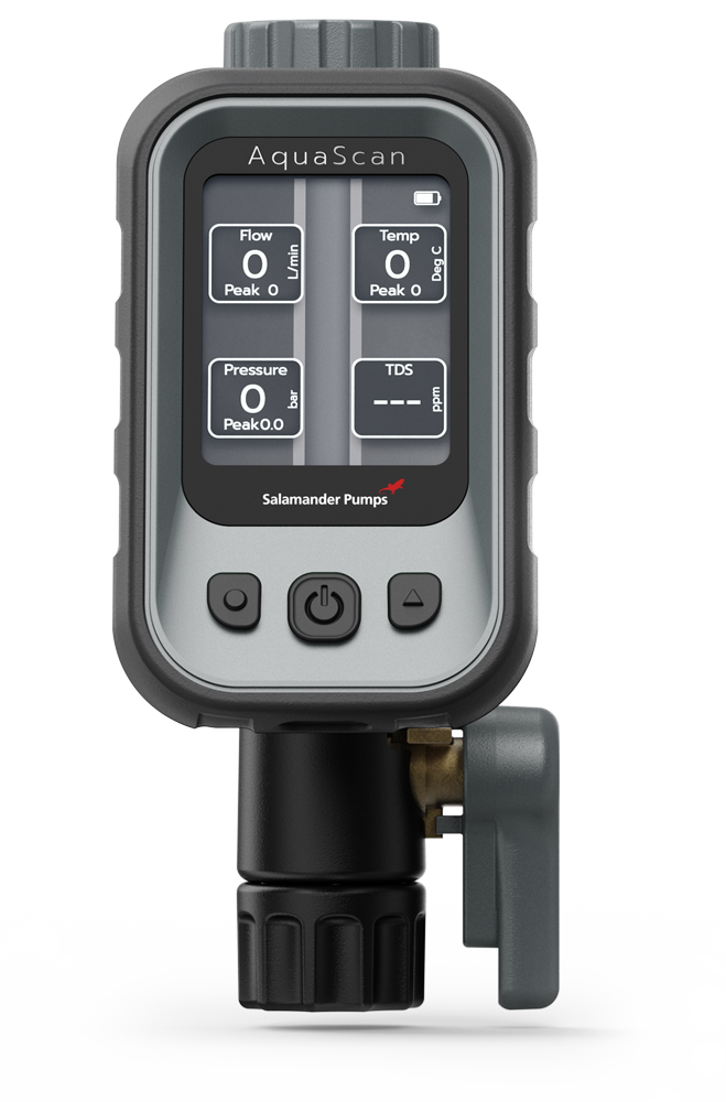 AquaScan device by Salamander Pumps featuring a screen displaying flow, temperature, pressure, and TDS readings, with three buttons below and a valve control attached at the bottom.