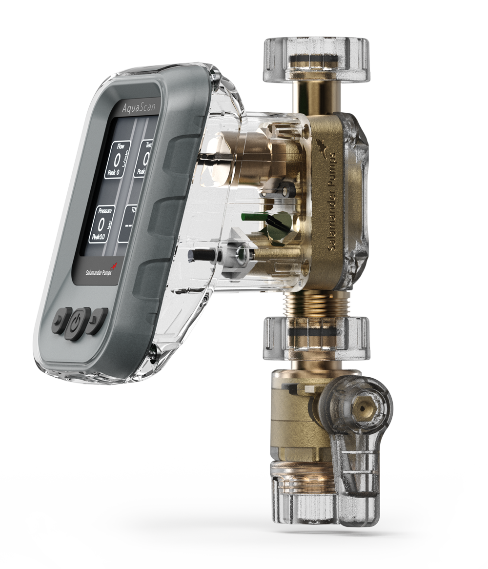 AquaScan device with a grey frame and display screen showing flow, temperature, and pressure readings, attached to transparent and brass plumbing components labeled Salamander Pumps.