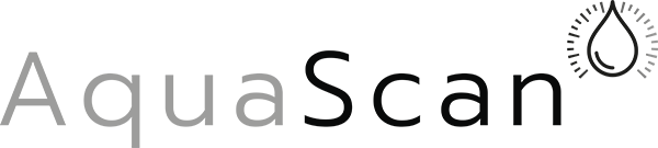 AquaScan logo with a stylized water droplet containing a rising graph, symbolizing water analysis or monitoring.