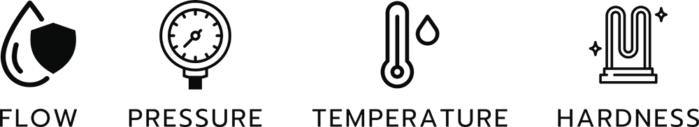 Four black sensor icons with labels: Conductivity, Total Dissolved Solids, pH, and Temperature.
