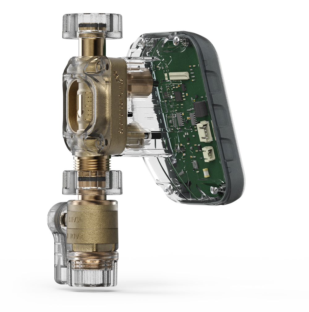 Transparent electronic water valve device showing internal green circuit board and brass valve components in a side view on a white background.