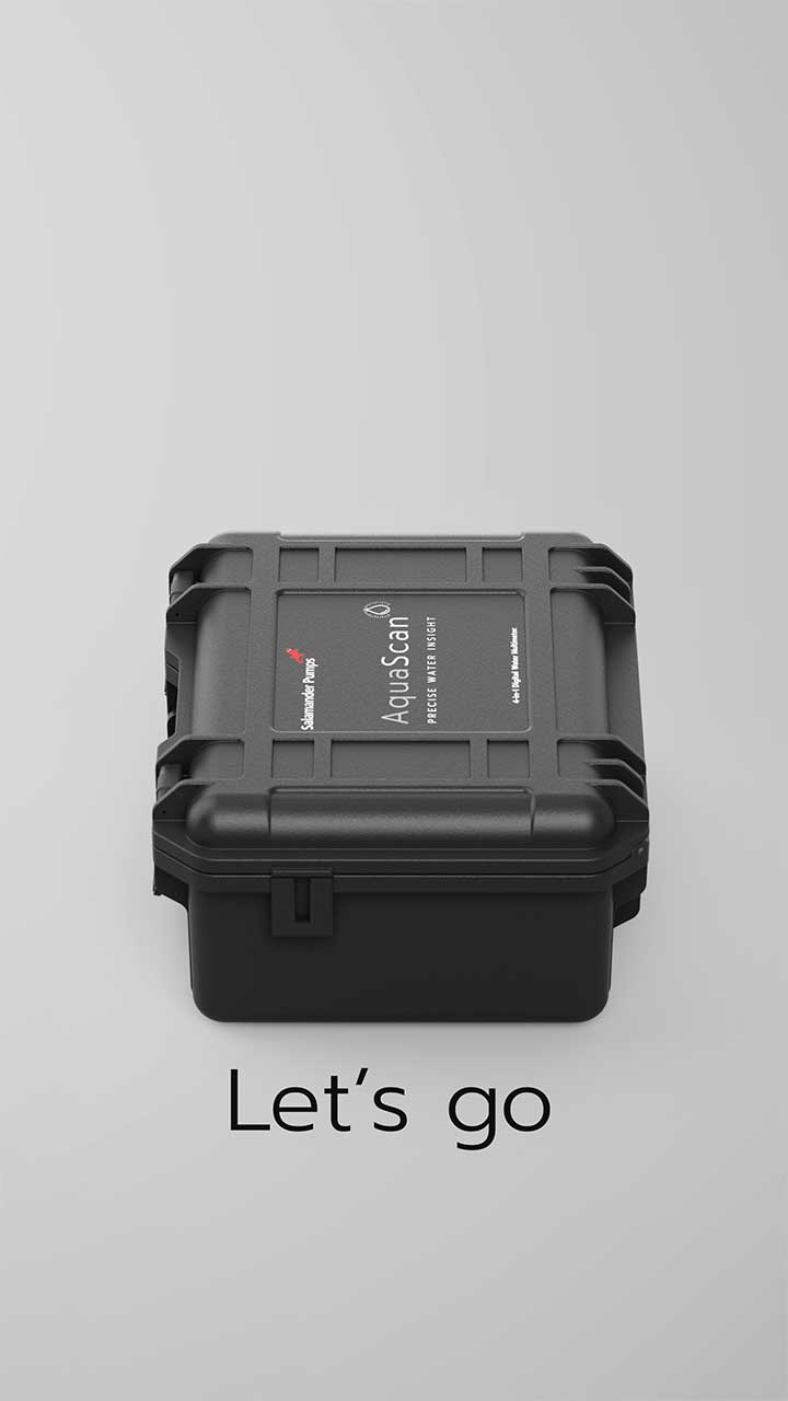 Black rugged carry case labelled AquaScan precision water insight by Salamander Pumps on a light gray background above the text 'Let's go'.
