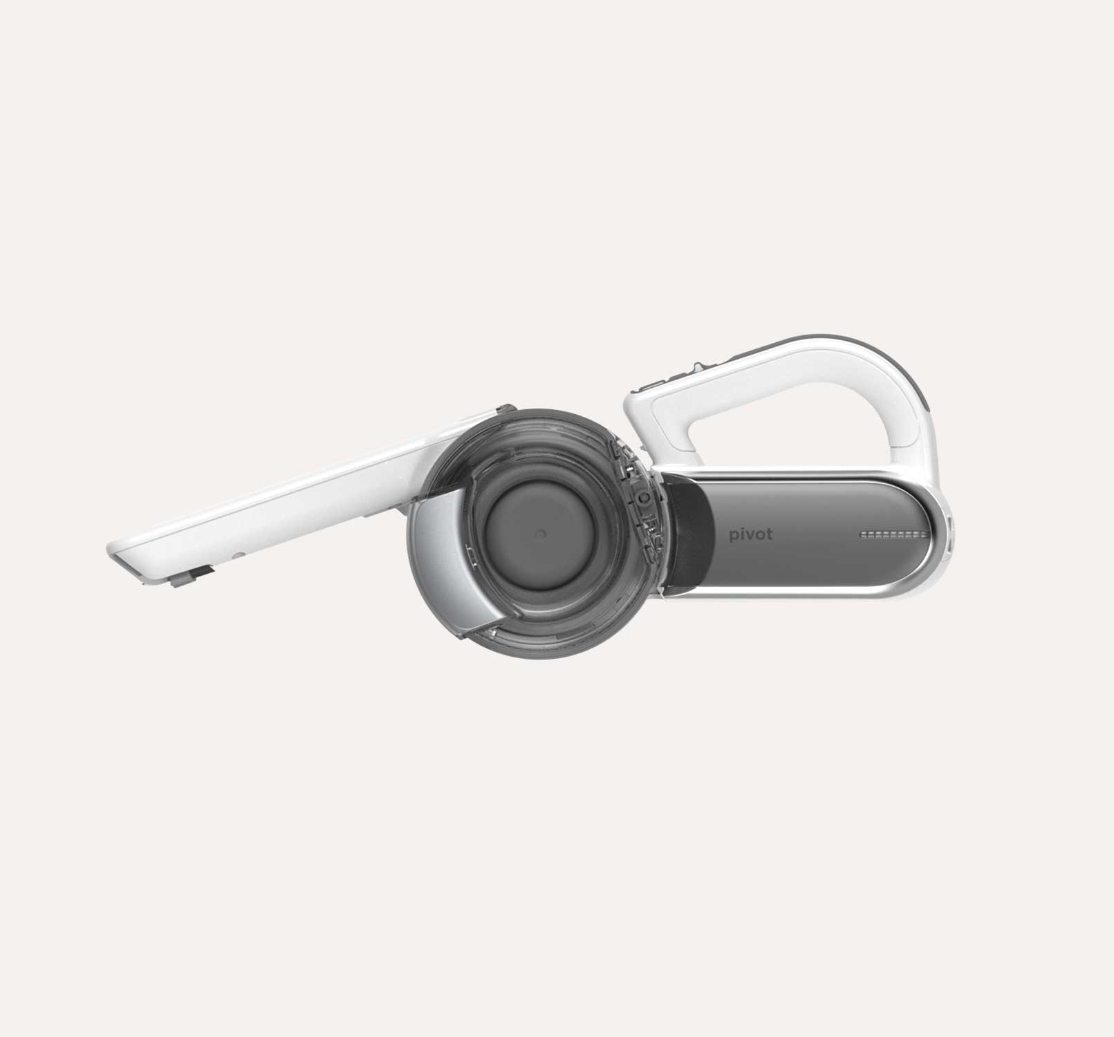 Modern handheld vacuum cleaner in gray and white with a transparent dust container and an ergonomic handle.