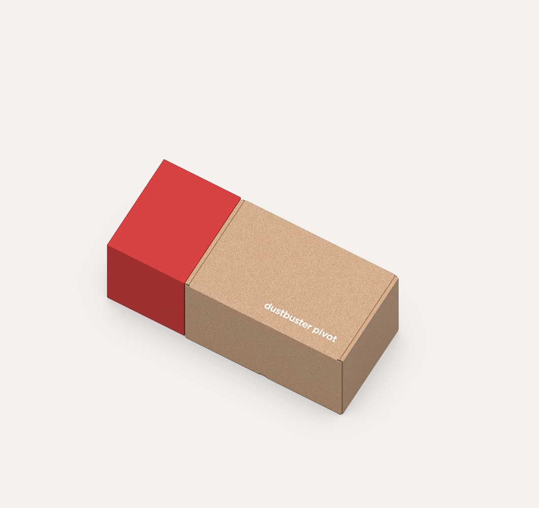 Rectangular packing box in two parts: a larger brown part labeled 'dustbuster pivot' and a smaller red part, shown on a white background.