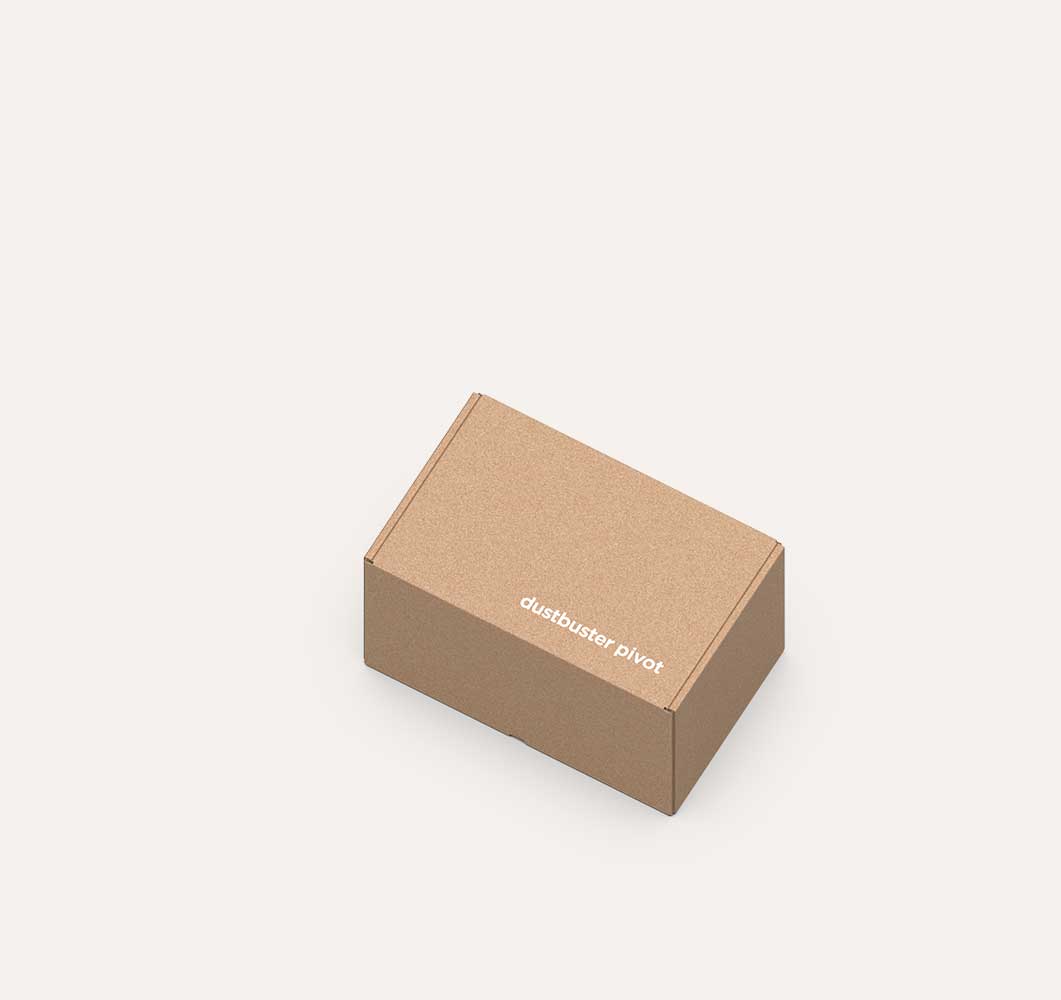 Closed light brown cardboard box with the text 'dustbuster pivot' printed in white on the top, placed on a plain light background.