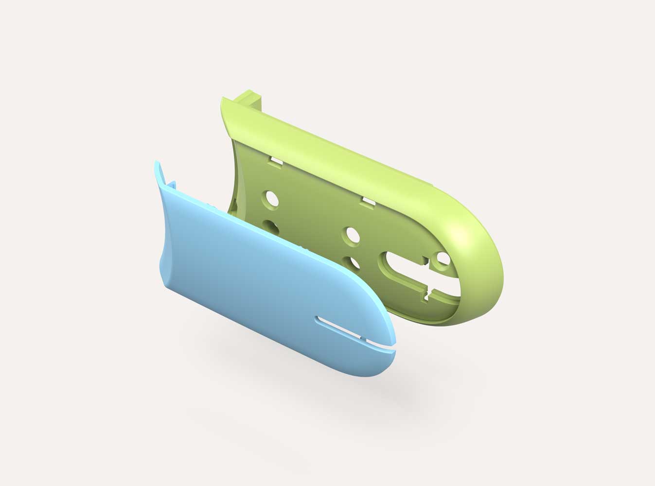 3D rendering of two curved plastic fascia parts, one light green and one light blue, with various cutouts and slots, shown separated on a plain light background.