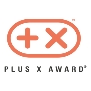 Logo of Plus X Award featuring a rounded rectangle with a plus symbol and an X symbol inside, with 'PLUS X AWARD' text below.