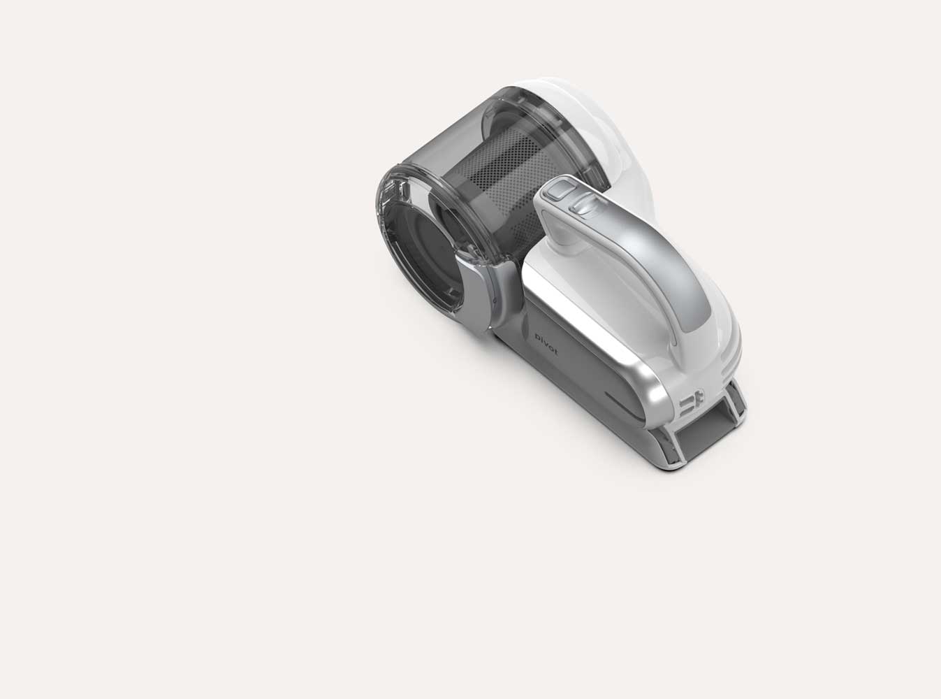 Modern cordless handheld vacuum cleaner with a transparent dustbin and a silver and white handle on a light background.