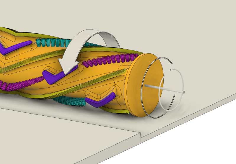 A close up of a 3D CAD model of a brush bar that is used in a vacuum cleaner floorhead.
