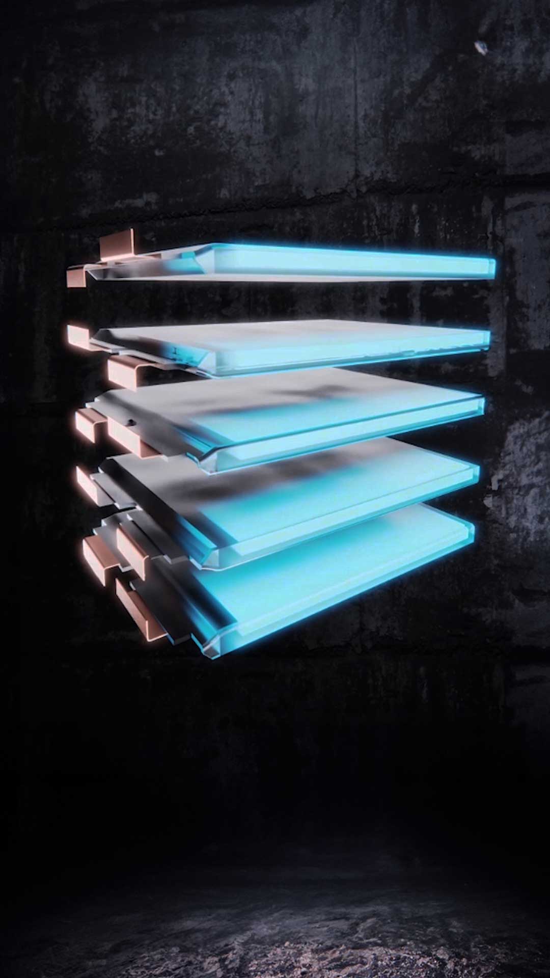 Glowing, translucent, stacked rectangular lithium pouch cell panels floating against a dark textured background, each panel outlined with a soft blue light and attached by copper coloured connectors on one side.