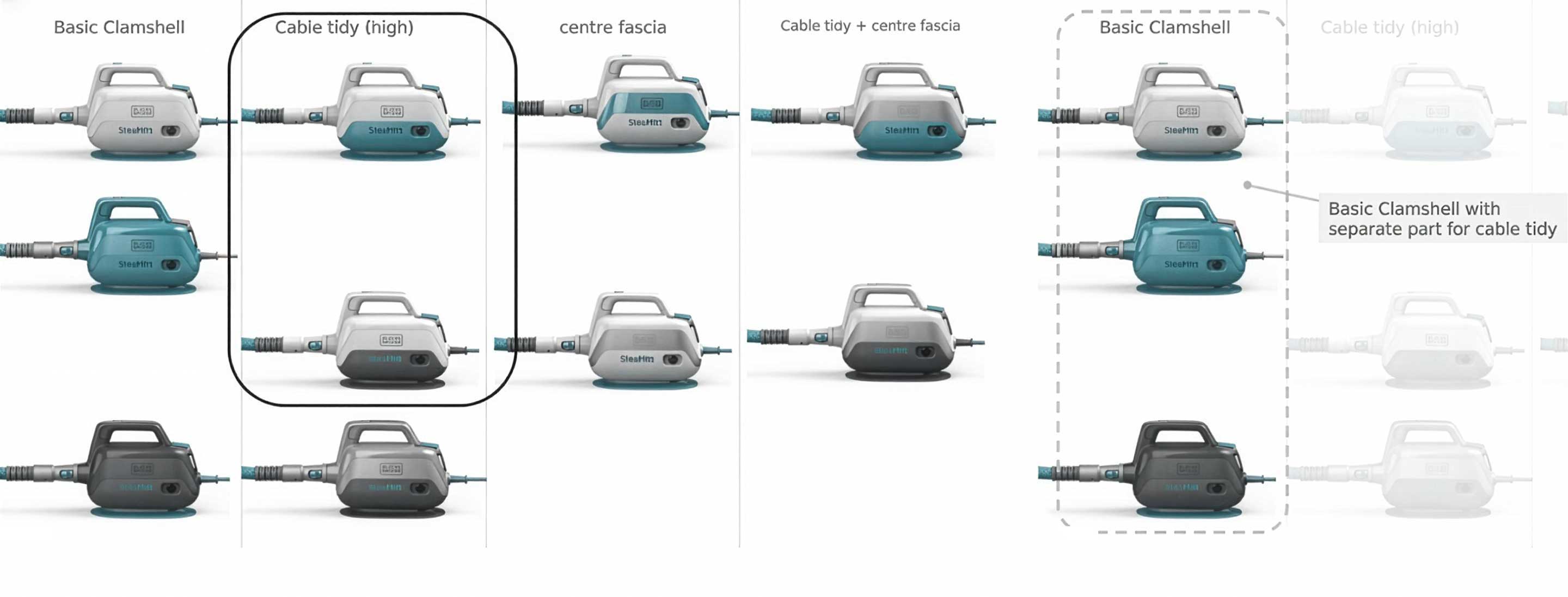  a colour option sheet to help chose a path for the products colour scheme  containing renders showing the side views of 17 steam cleaner designs in varying colour options from all white to all aqua, some with grey bases.