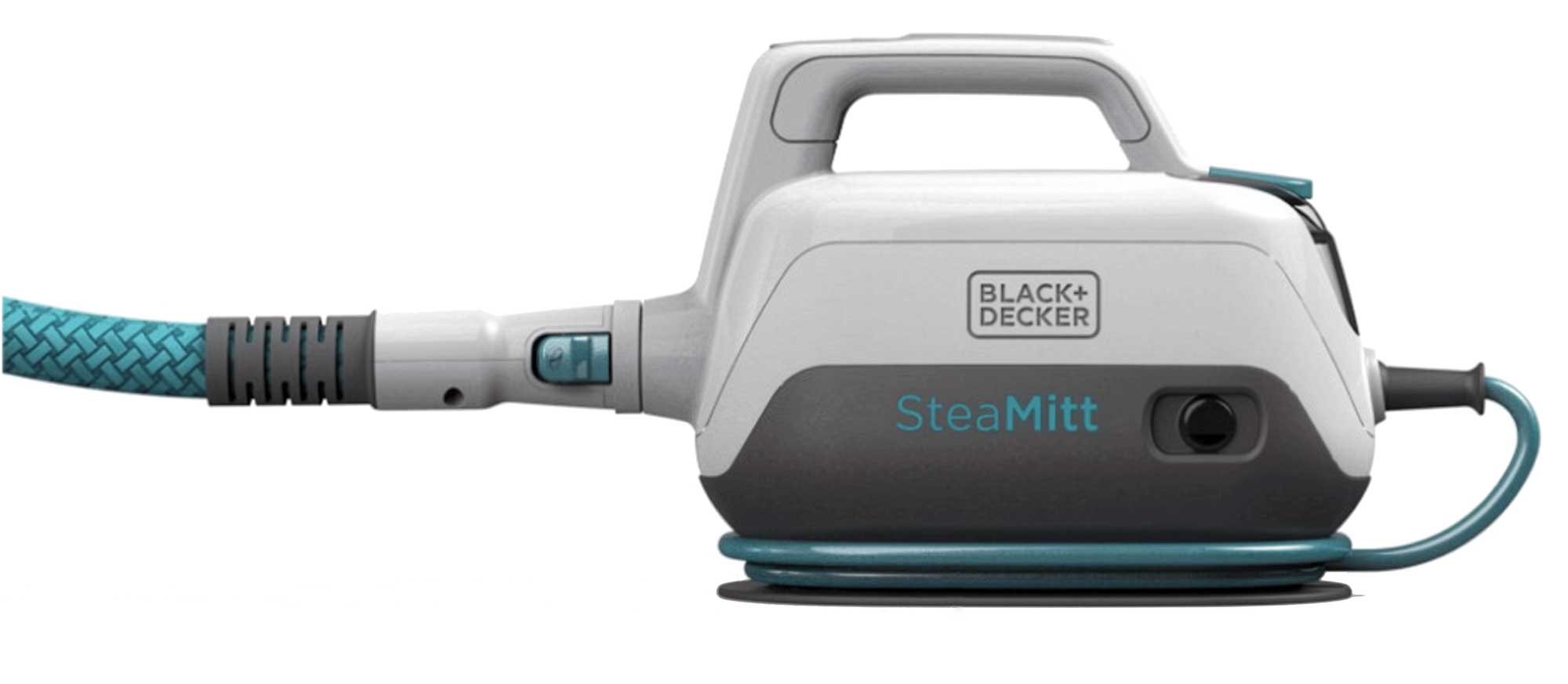 Black+Decker SteaMitt steam cleaner with a handle, a blue patterned hose, and a cord wrapped at the base, designed for fabric steaming and cleaning.