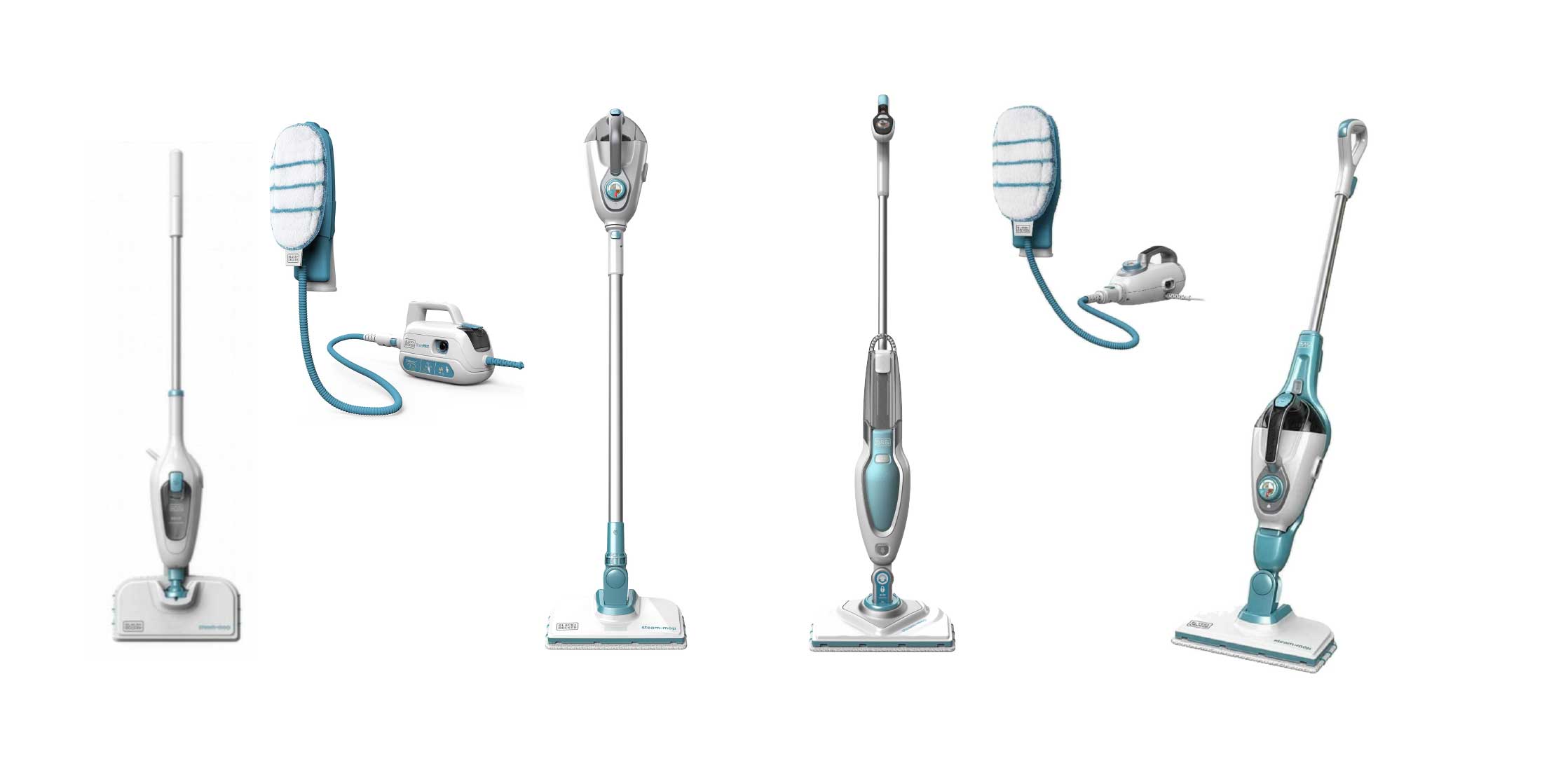 Four electric steam mops and two handheld steam cleaners with microfiber pads, all in white and blue, displayed against a white background.