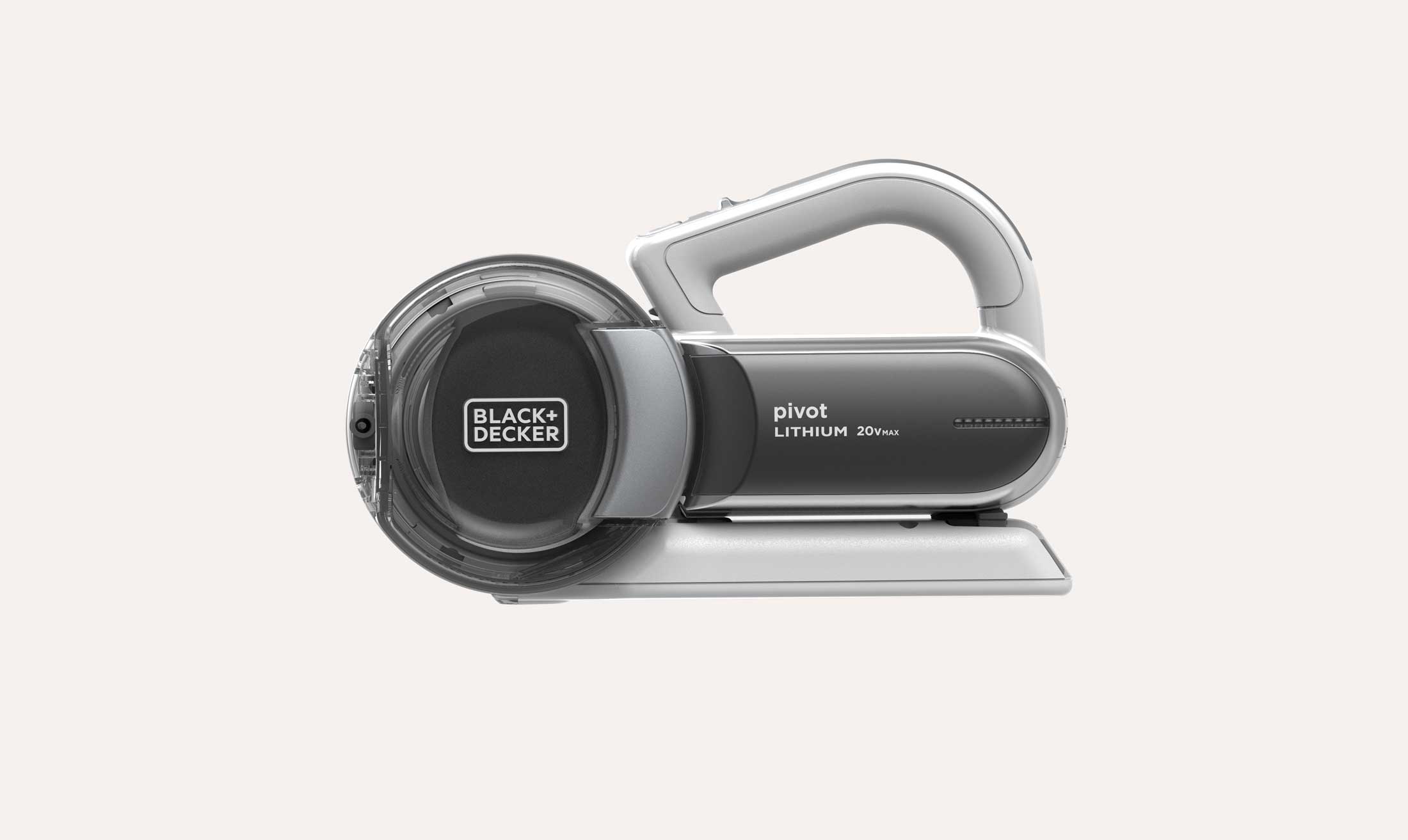 Black+Decker pivot lithium 20V max handheld cordless vacuum cleaner with a gray and black design and ergonomic handle on a light background.