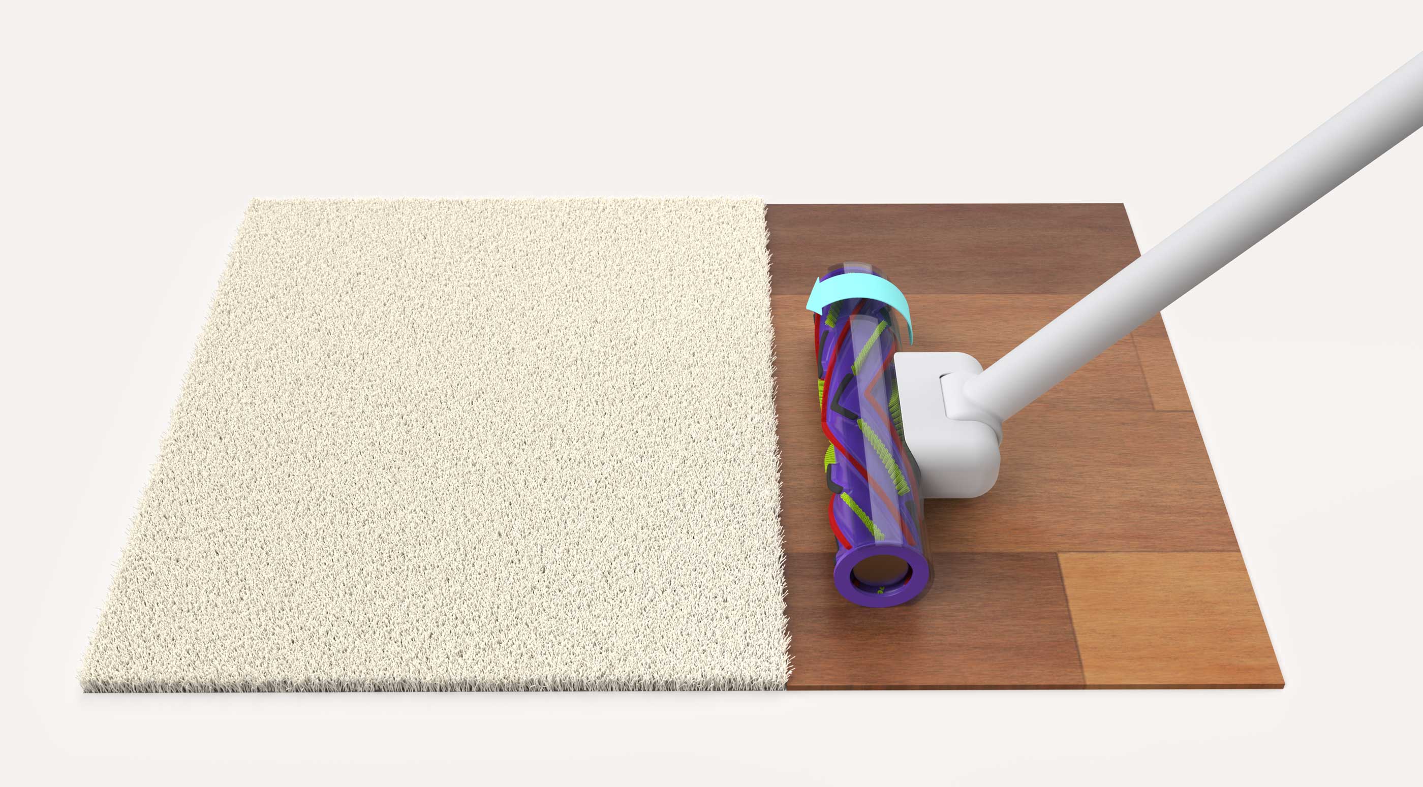Vacuum cleaner head with rotating brush shown on a surface half carpet and half wooden flooring, demonstrating transition between floor types.