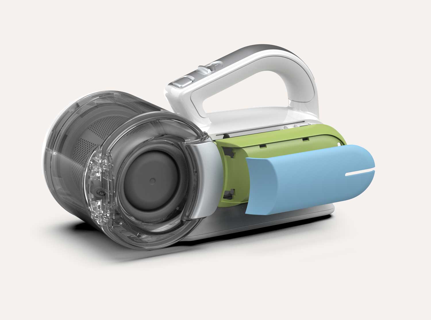 Cordless handheld vacuum cleaner with a transparent dust container showing the 2 removable parts that can be custom painted
