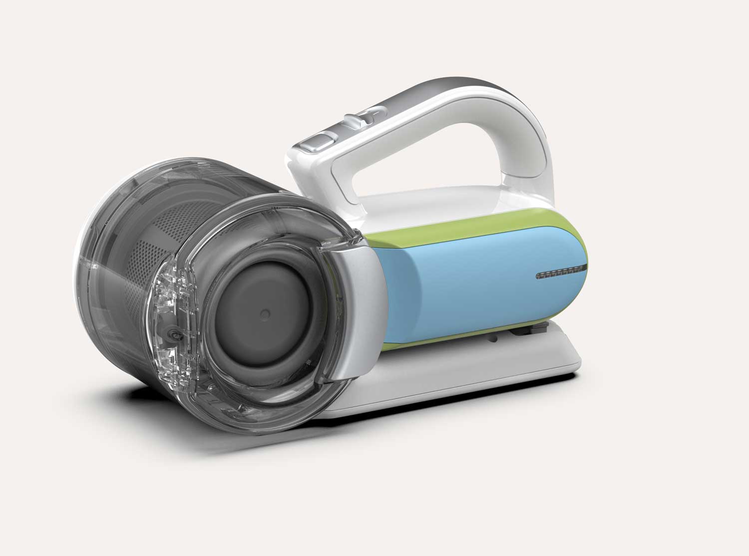 Compact handheld cordless vacuum cleaner in white, blue, and green with a transparent dust container and ergonomic handle.