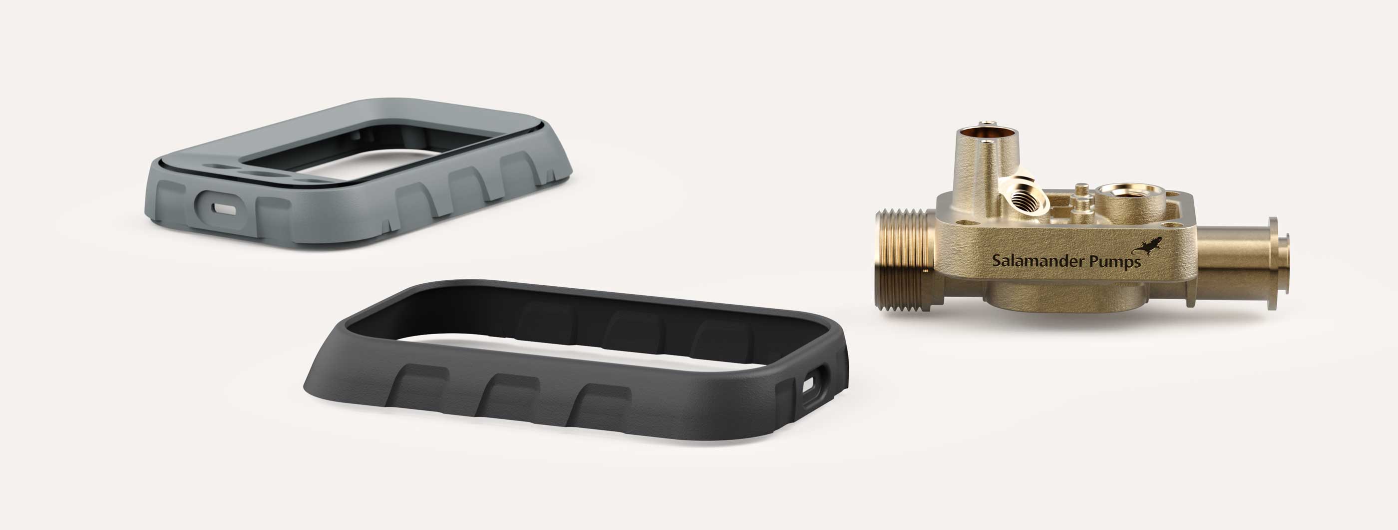 Two black and grey rectangular injection moulded product housings alongside a brass sensor housing component on a plain white background.