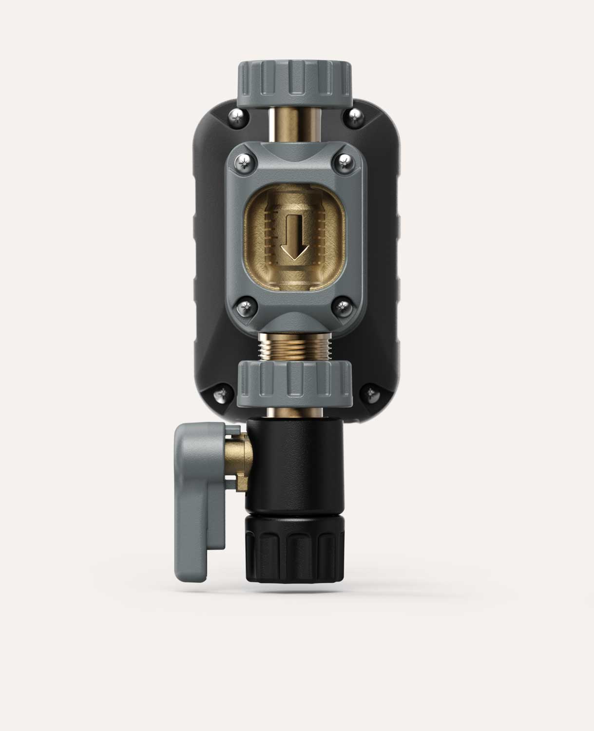 Close-up front view of the back of the water measuring device showing the brass and black valve casing with grey isolation knob and an in-moulded arrow  indicating flow direction.
