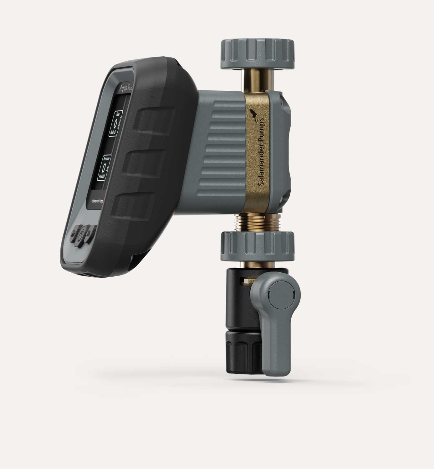 Compact digital water meter labelled Salamander Pumps with a grey isolation knob, a black handle, and a digital display screen showing flow and pressure readings.