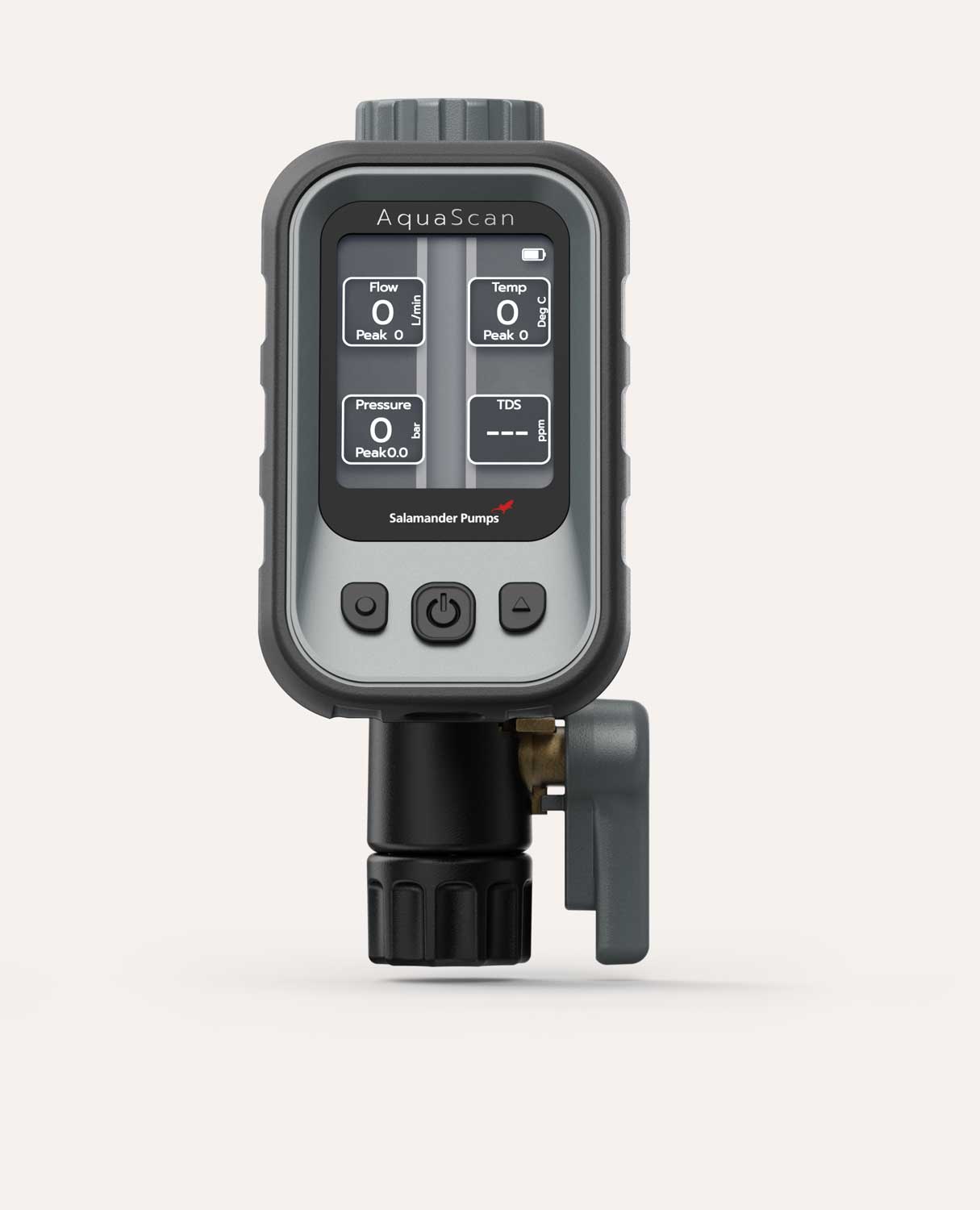 Aquascan digital water monitoring device by Salamander Pumps showing flow, temperature, pressure, and TDS readings on screen with control buttons below.