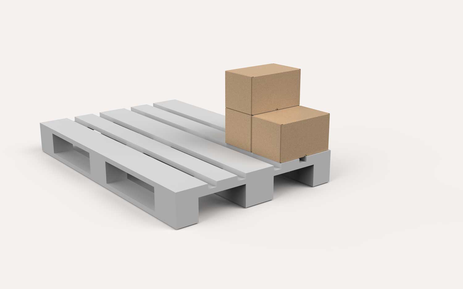 Two stacked cardboard boxes on one side of a gray warehouse pallet on a plain white background.