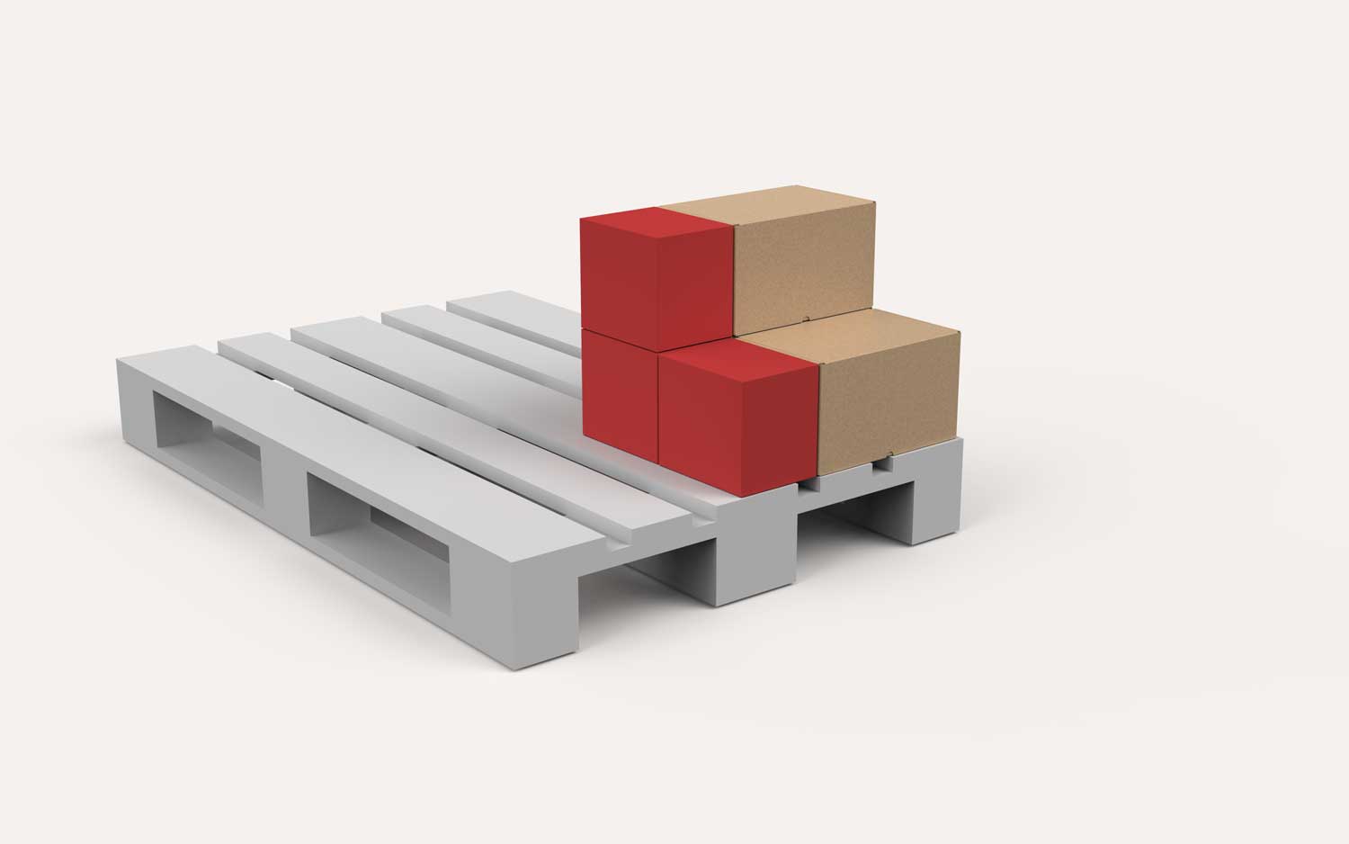Gray pallet with four boxes arranged on top, two red and two brown cardboard, stacked in a 2x2 formation on a white background.