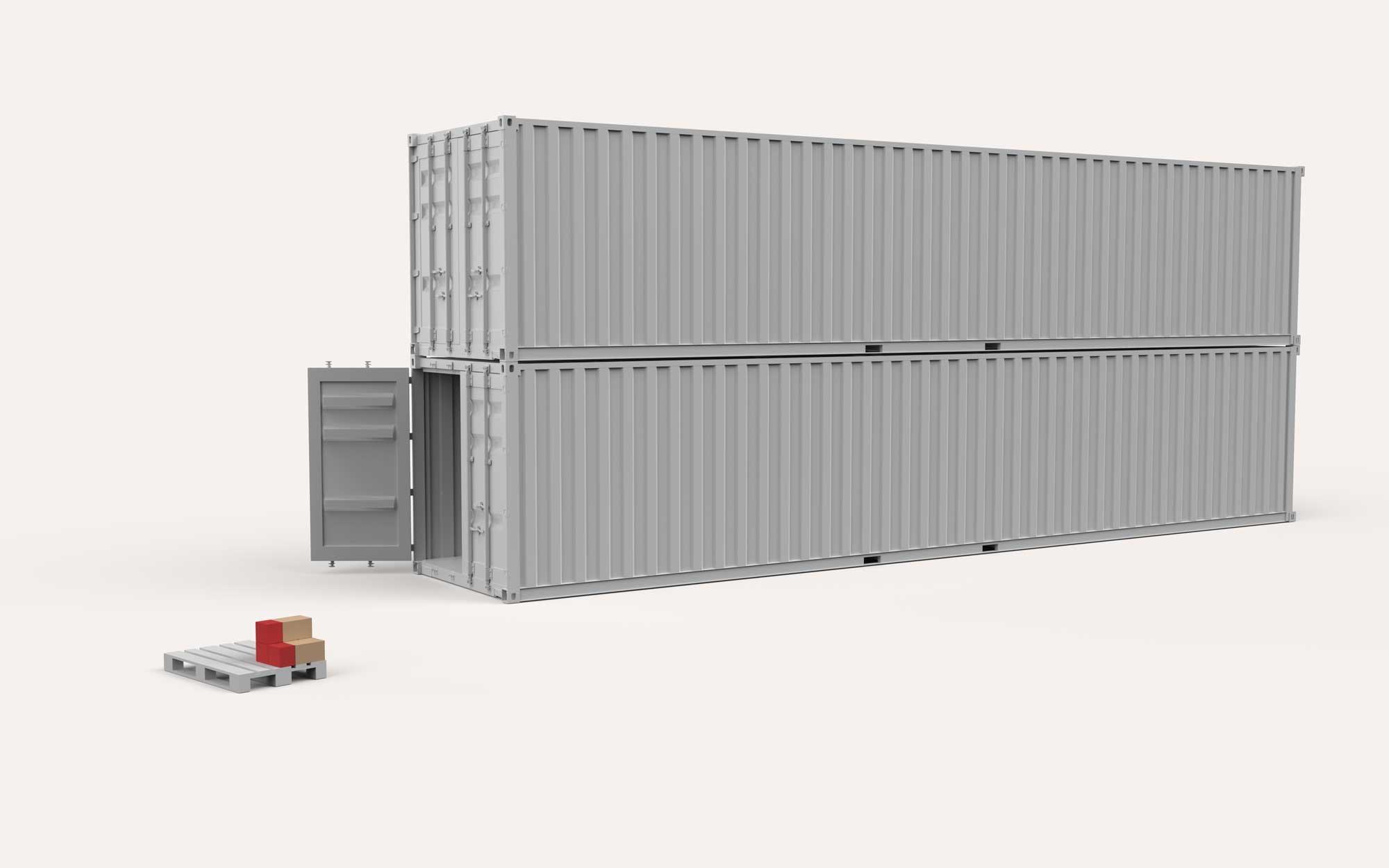 Two stacked grey shipping containers with one door open on the bottom container and a pallet with three small boxes in front.
