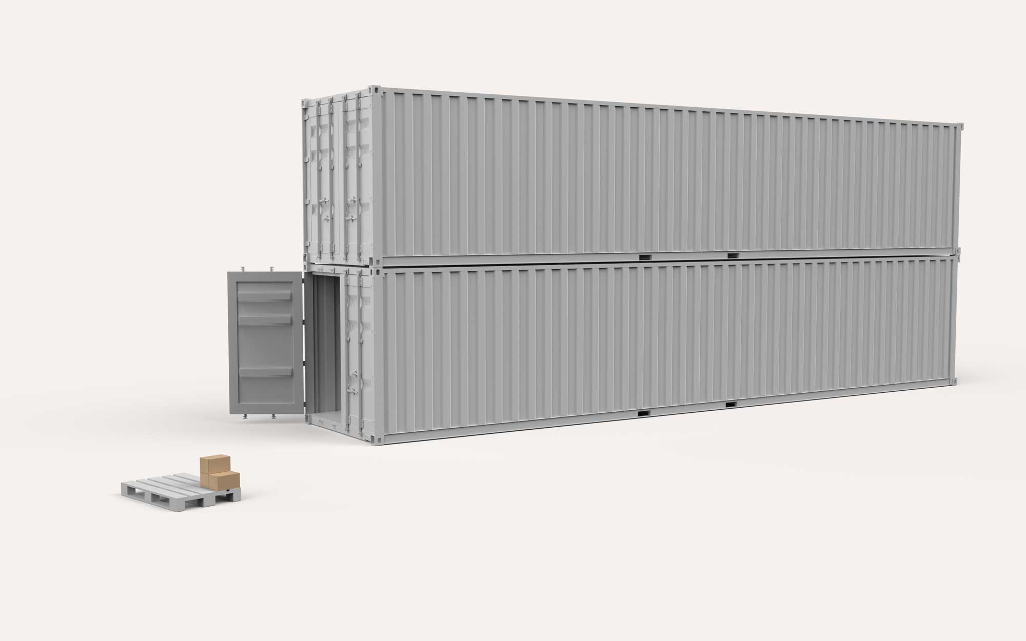 Two stacked gray shipping containers with the front door of the bottom unit open, next to a pallet holding two small brown boxes.