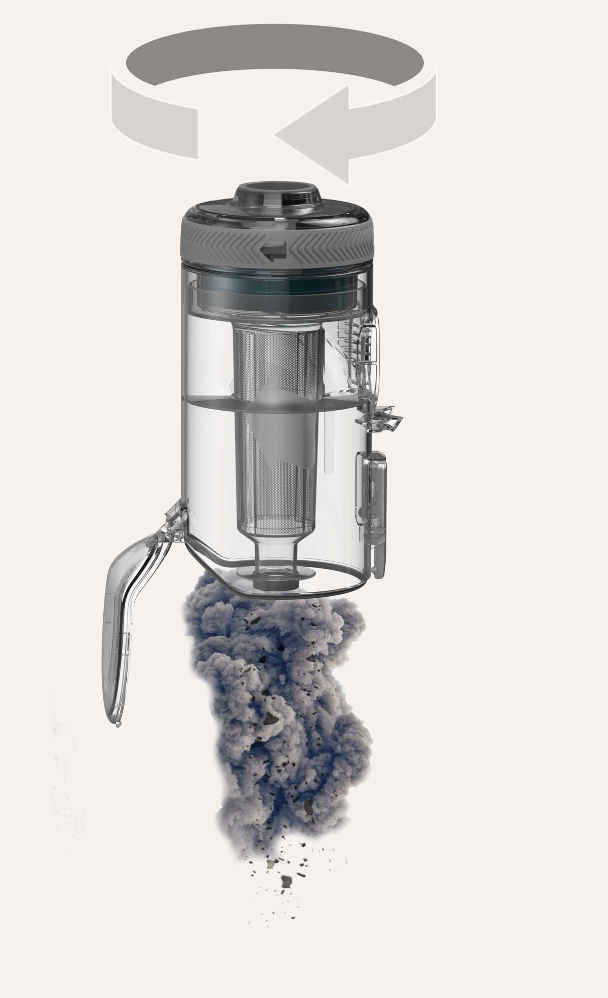 Transparent vacuum cleaner dust bowl container with an open bottom releasing dust and debris, with arrows indicating a rotating action at the top and inside the container.