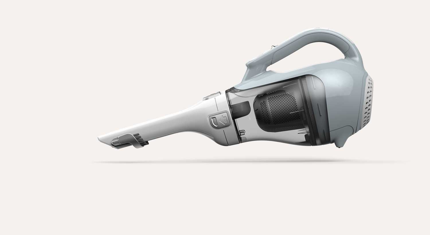 Side view of a handheld cordless vacuum cleaner with a transparent dust container and ergonomic handle.