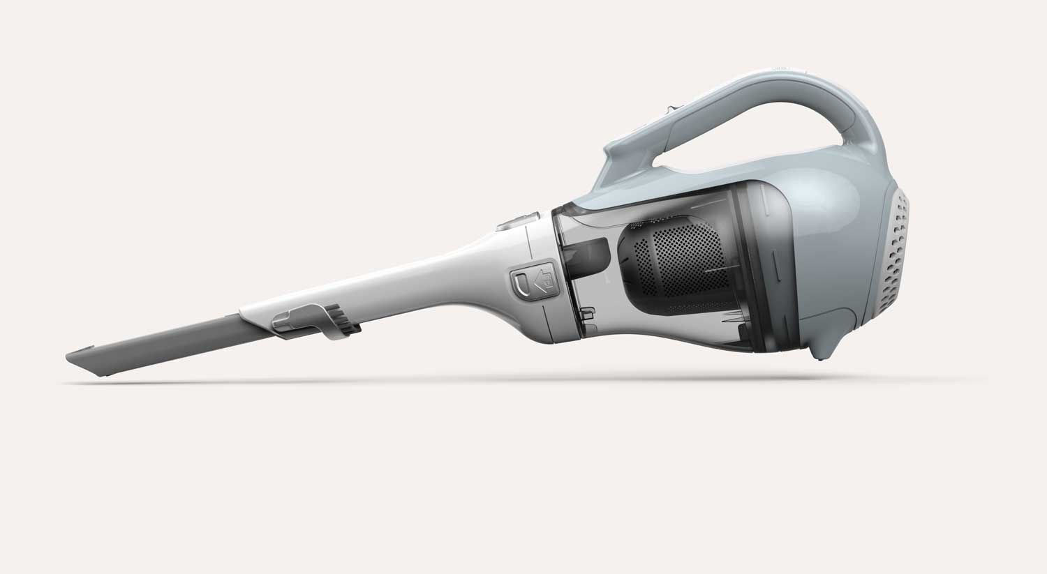 Side view of a sleek handheld cordless vacuum cleaner with a transparent dust container and a long narrow nozzle attachment.