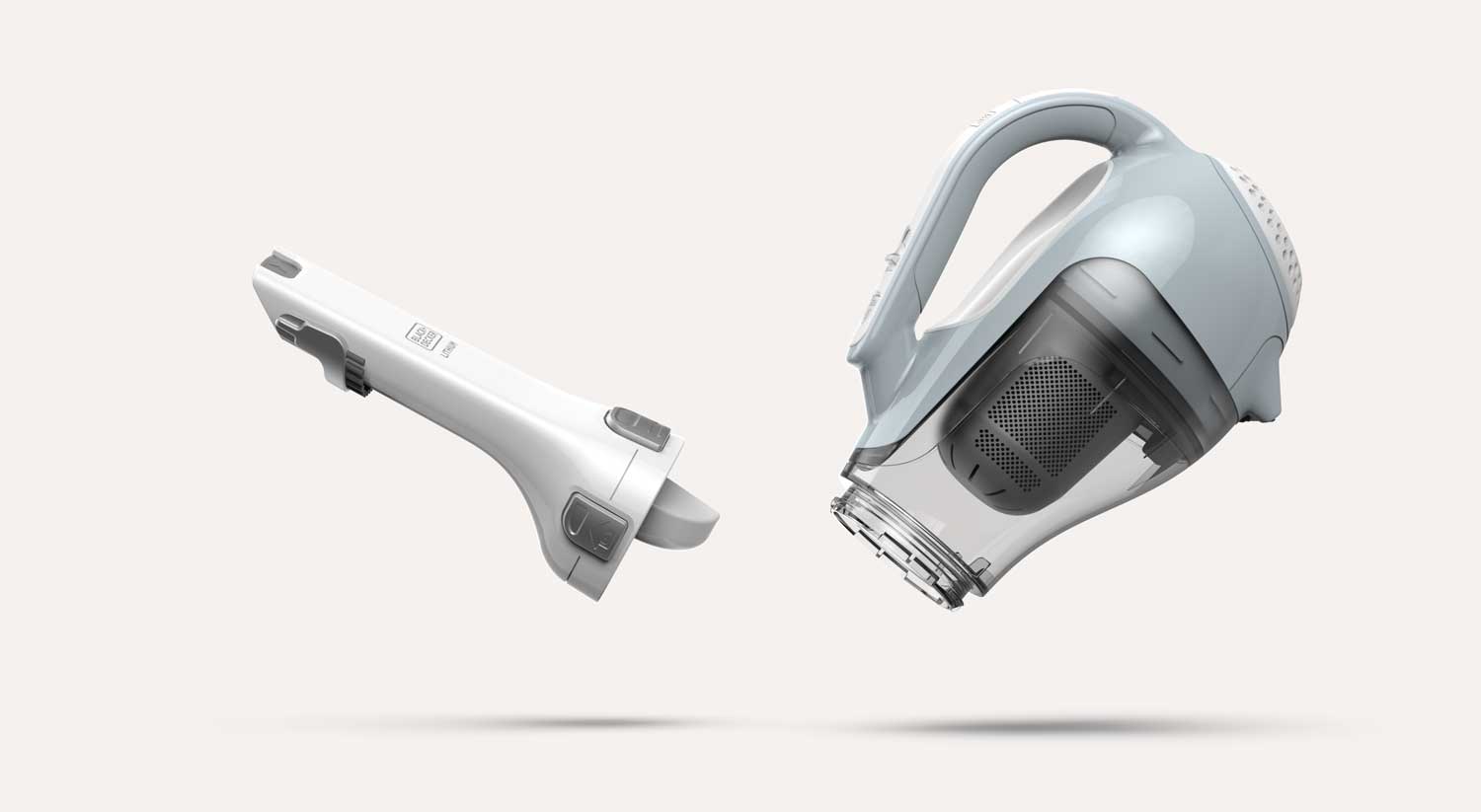 Disassembled handheld cordless vacuum with white extension nozzle and light blue body showing transparent dust container and filter inside.