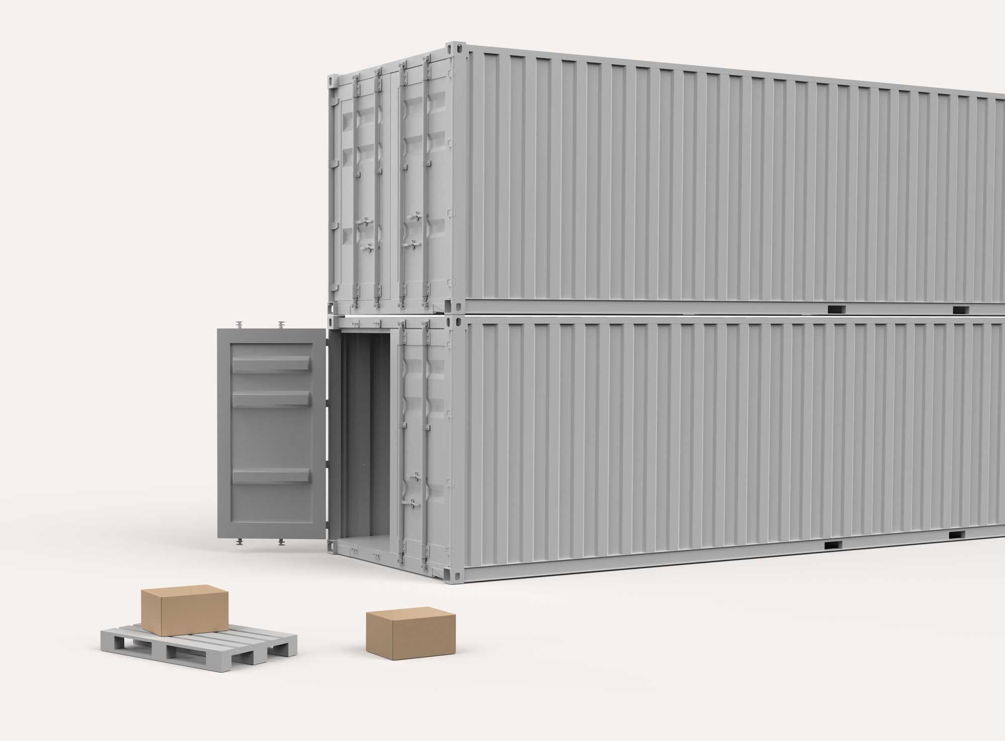 Two stacked gray shipping containers with one container's door open, a pallet on the floor with a cardboard box, and another cardboard box beside it.