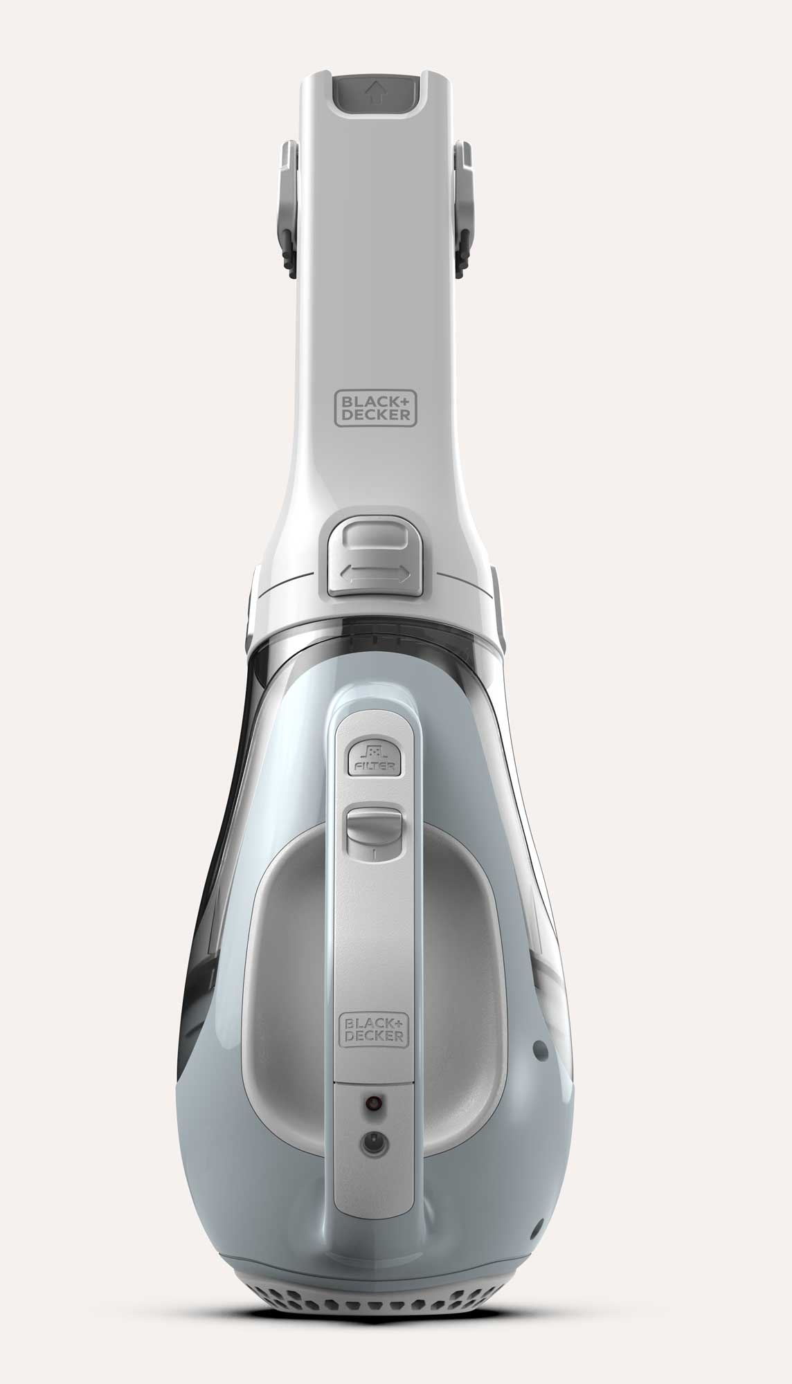 Top view of a grey and white Black+Decker handheld vacuum cleaner with a filter switch and ventilation holes at the base.