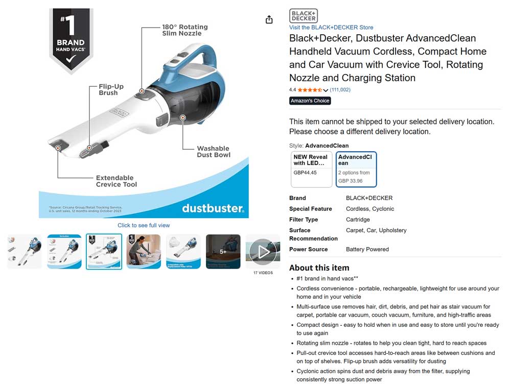 snippet from online sales content describing the hand vacuum.