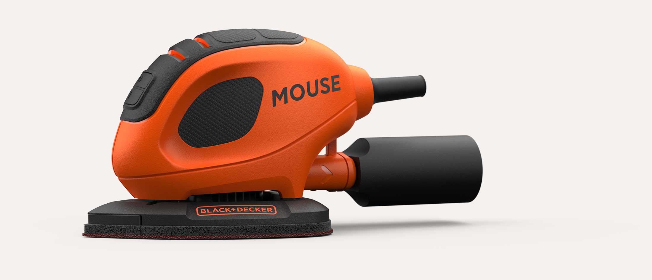 Side elevation of an orange Black + Decker Mouse sander power sander with black grip and dust collection attachment.