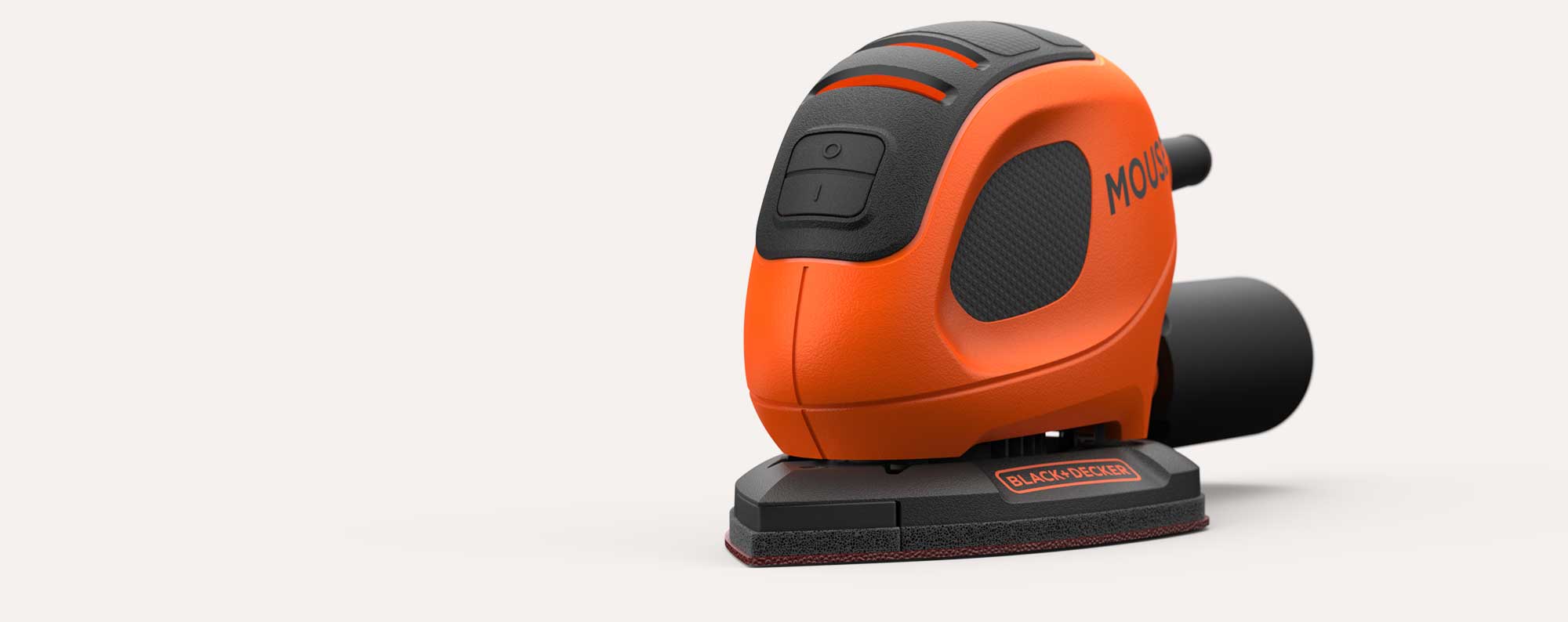 Orange and black Black+Decker Mouse detail sander viewed from an angle on a white background.