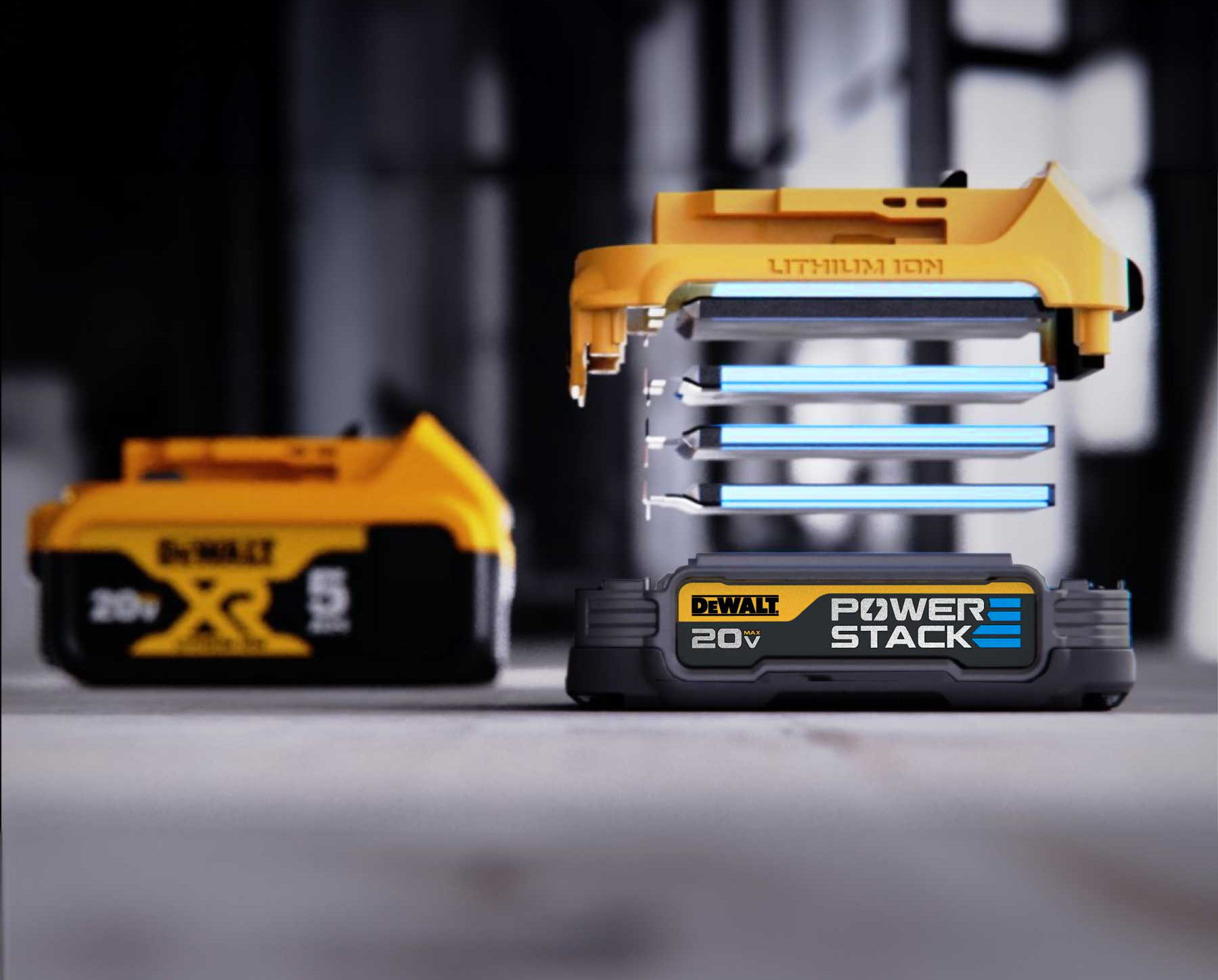 Close-up of a DEWALT 20V MAX POWERSTACK battery with stacked electric cells displayed next to a blurred yellow and black DEWALT battery in the background.