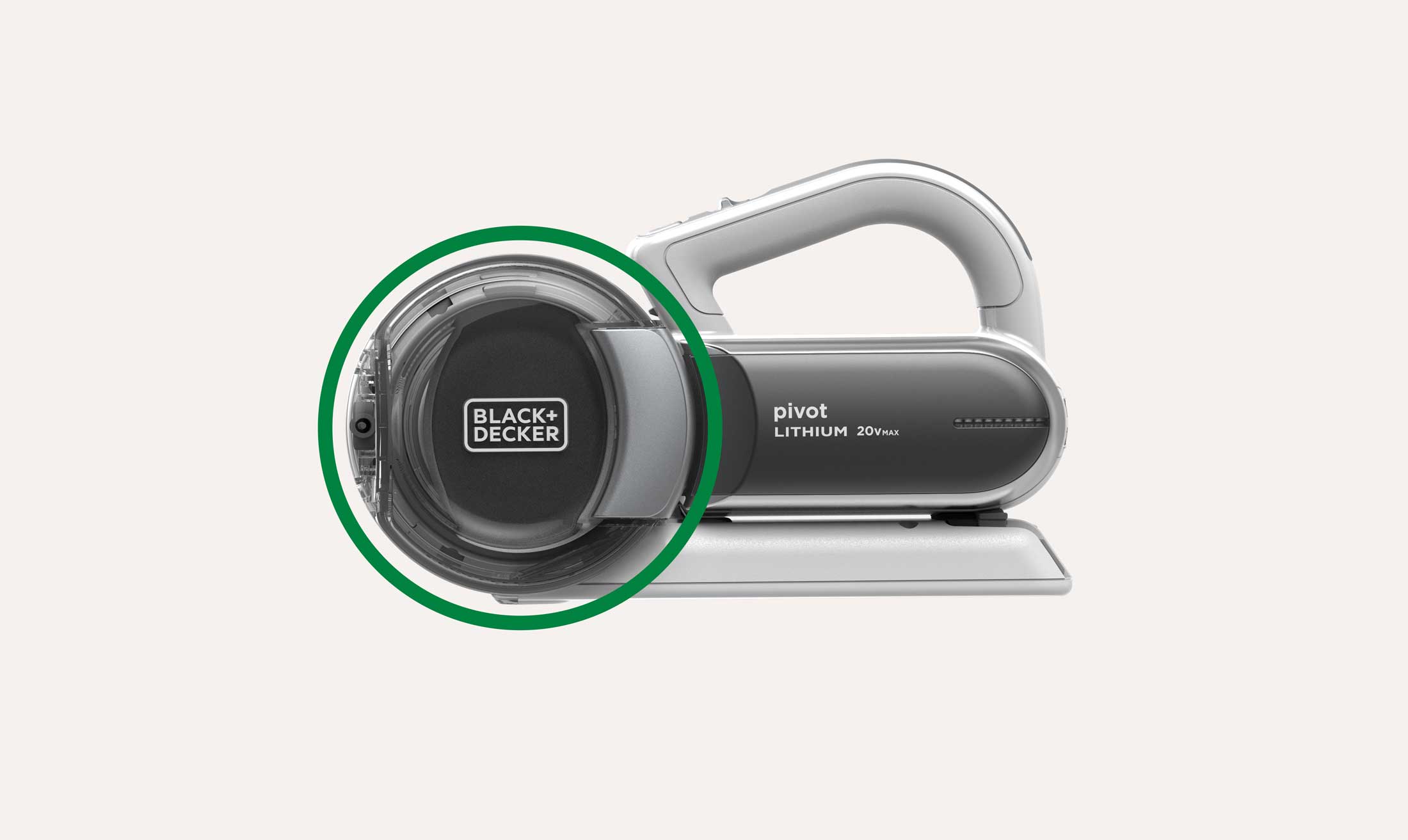 Side view of Black+Decker pivot lithium 20V Max cordless handheld vacuum cleaner with handle and dust container highlighted.