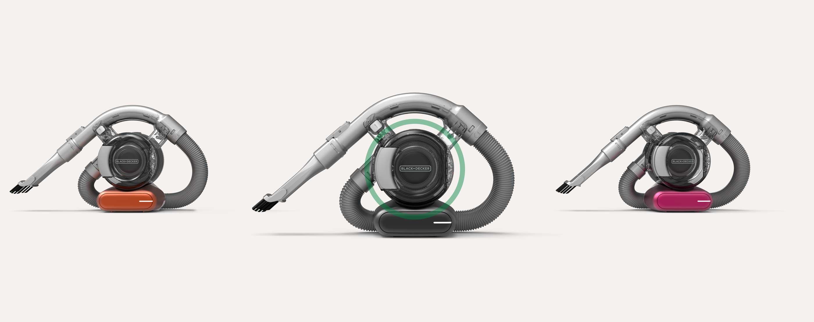 Three Black+Decker Flexi Dustbuster handheld vacuum cleaners lined up, each featuring a clear dust chamber, flexible hose, and colored base in orange, black, and pink on a plain light background.
