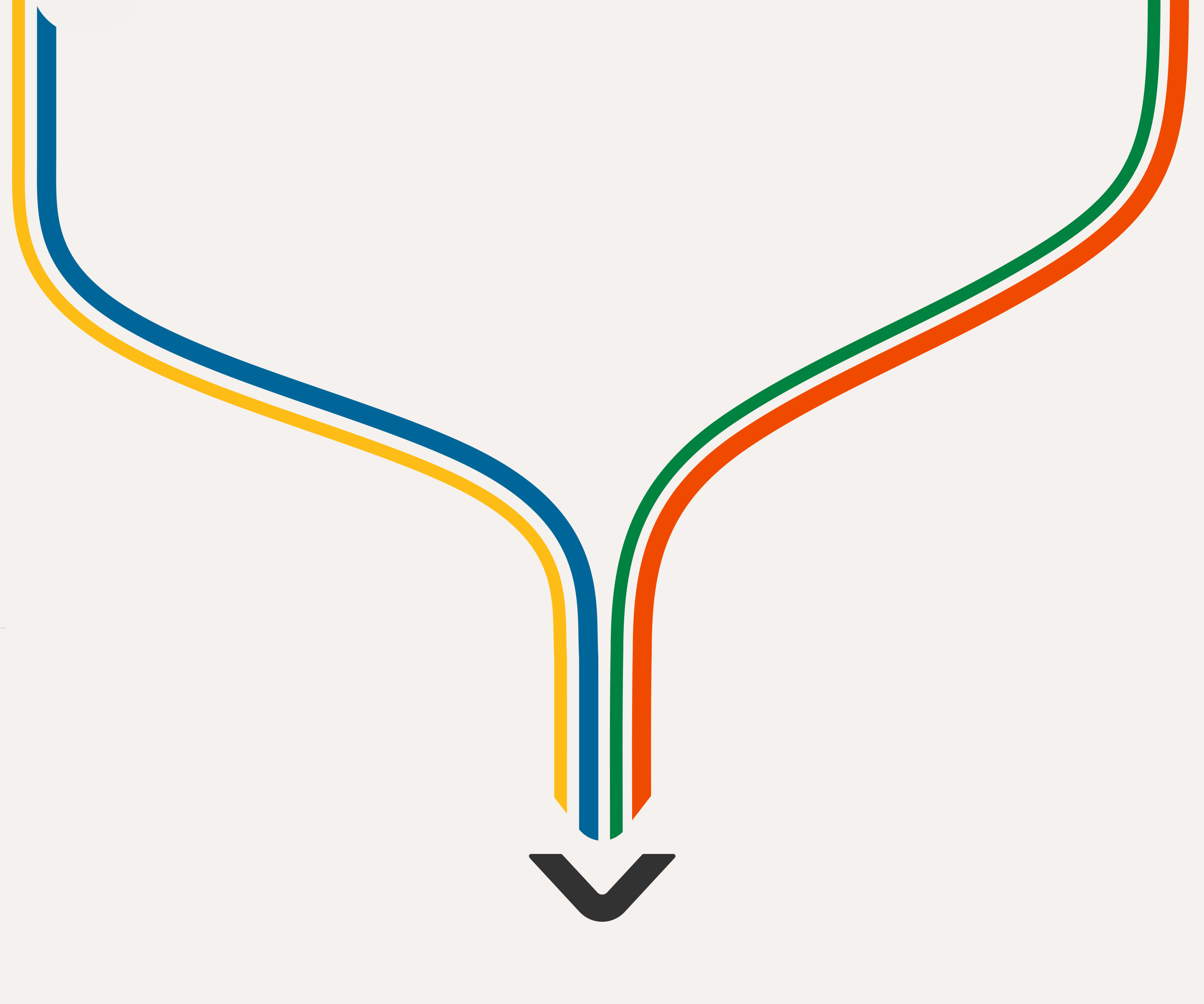 Four curved colored lines—yellow, blue, green, and orange—converge pointing down at a black V shape.