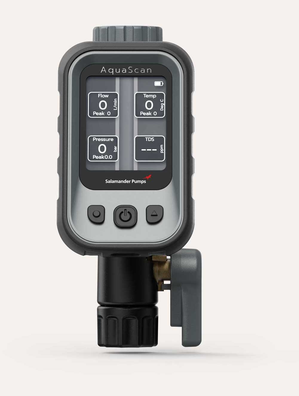 AquaScan flow meter by Salamander Pumps showing zero readings for flow, temp, pressure, and TDS.