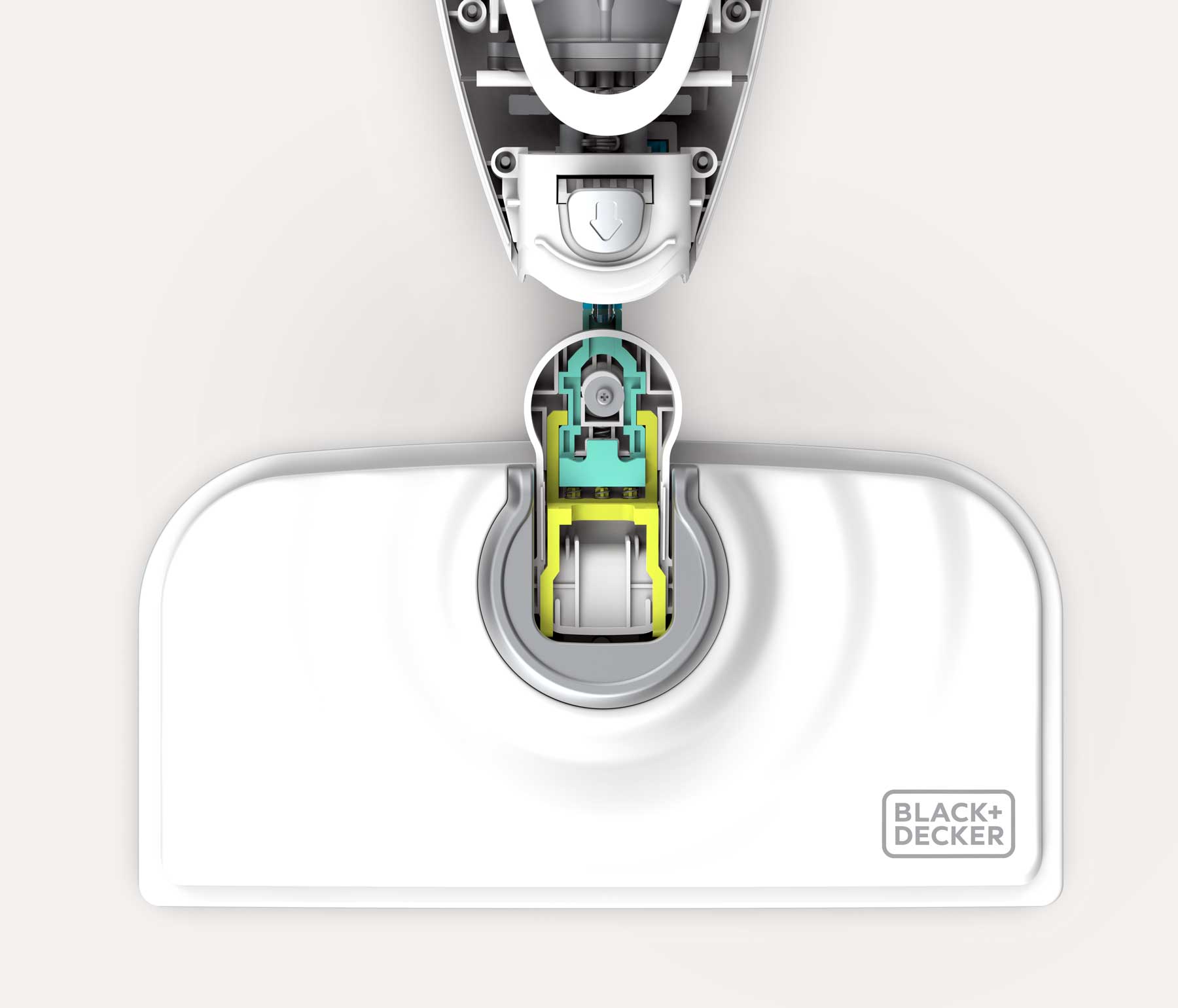 Close-up of a Black+Decker steam mop head attachment showing internal pivot lock mechanism and locking latch with arrow indicator.