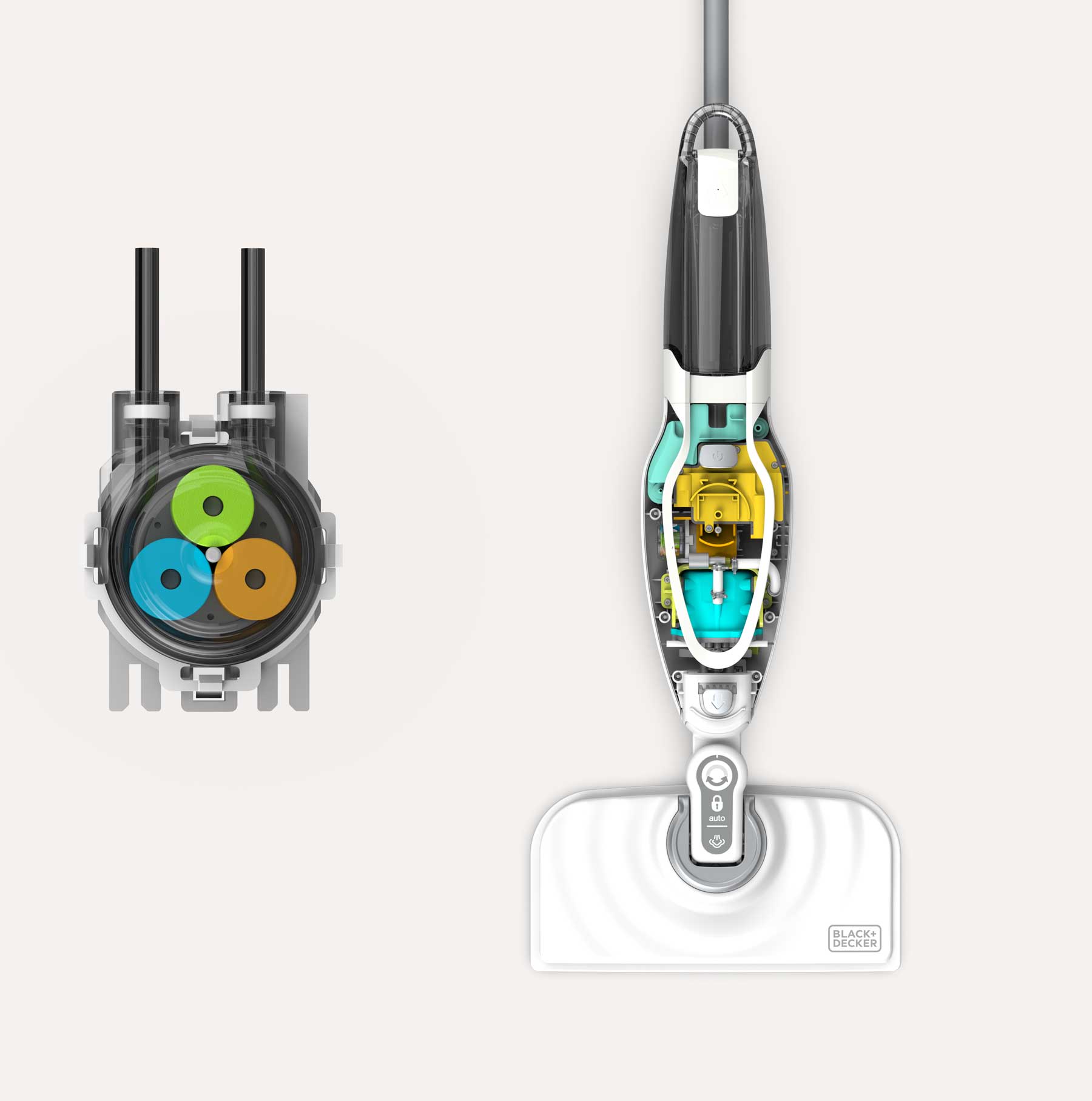 Top-down view of a Black+Decker steam mop with transparent casing showing internal colourful components, alongside a separate close-up of a circular mechanical water pump part with green, blue, and orange discs.